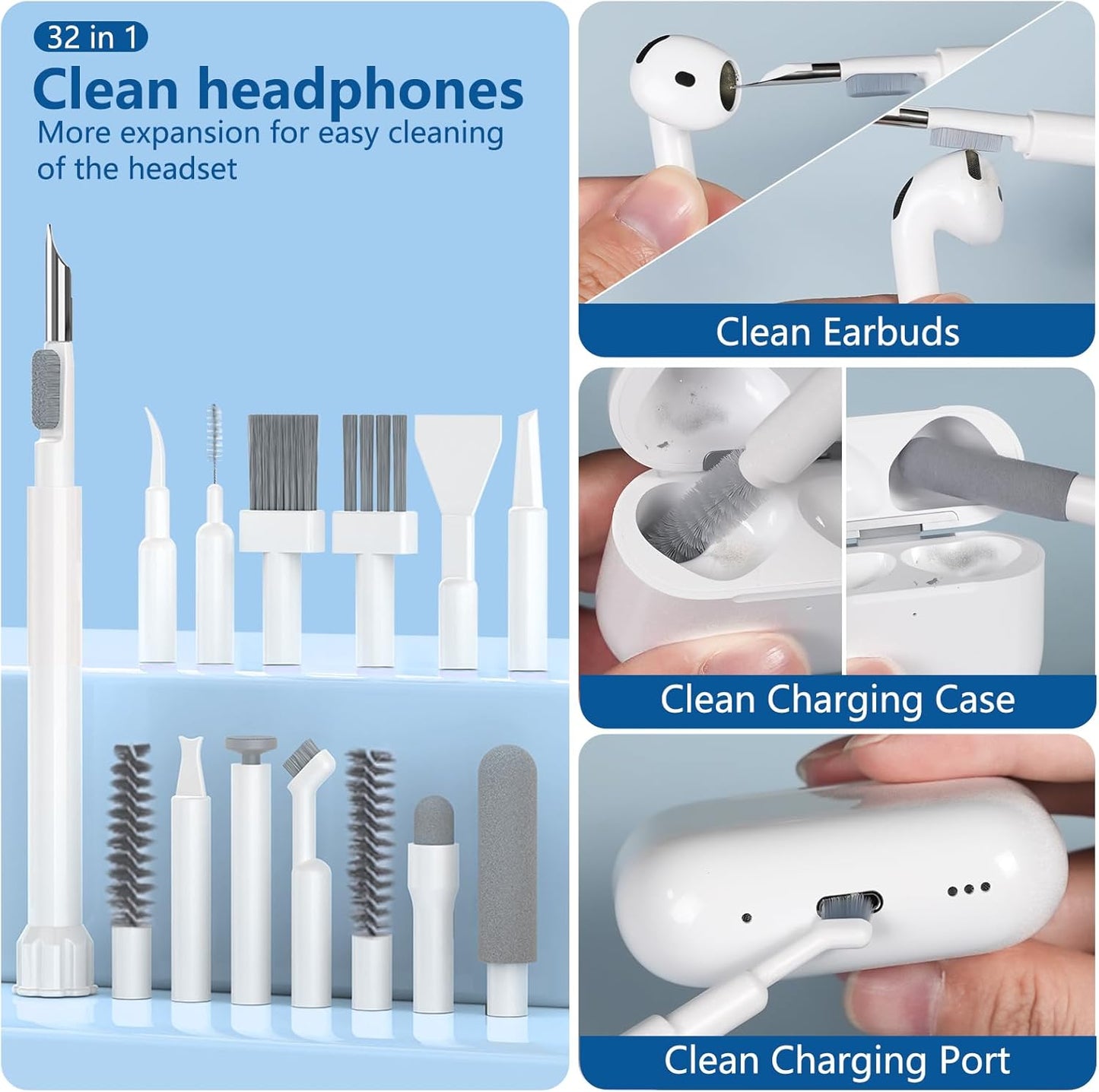 32 in 1 Cell Phone Cleaning kit with Charging Port Cleaner,Stylus Pen,SIM Tool,Keyboard Brush,Speaker Brush,Electronic Cleaning kit for iPhone,AirPods,iPad,Keyboard,MacBook,Earbud,Camera Lens(White)