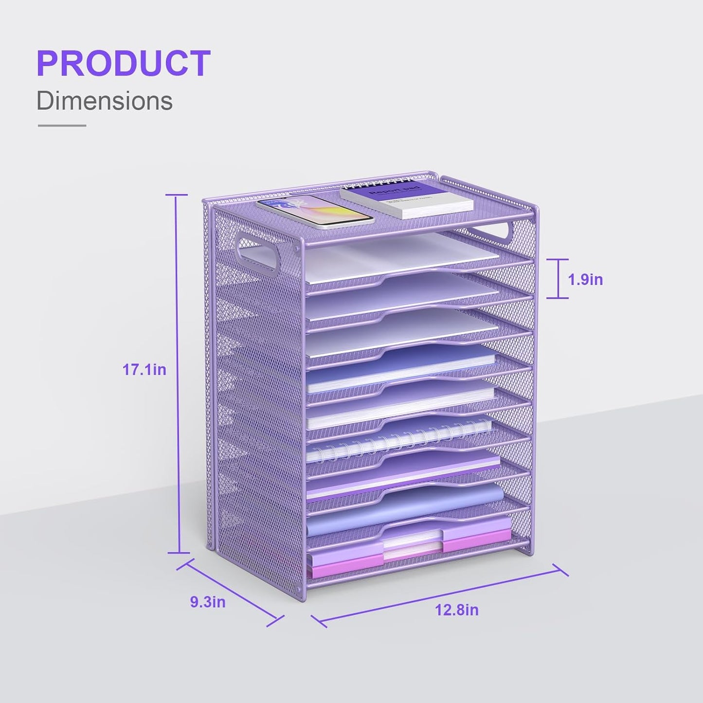 OUTWOLF 10 Tier Paper Organizer - Letter Tray Mesh Desk File Organizer with Handles for Office School Desktop, Purple