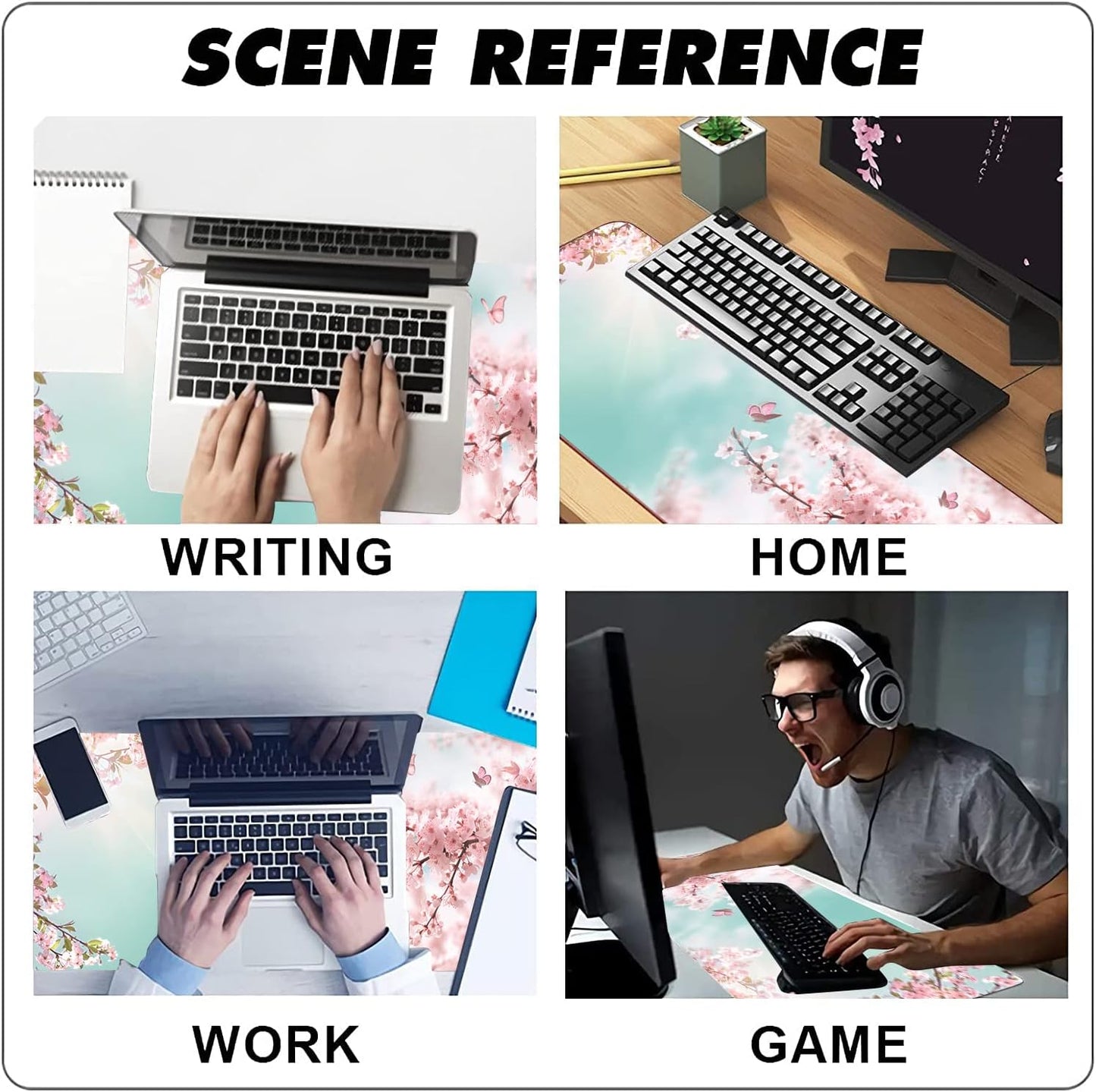 Extended Large Gaming Mouse Pad Dreamy Romantic Pink Sakura Butterflies XXL Size Keyboard Mouse Mat Desk Pad with Non Slip Rubber Base Stitched Edges Office Decor for Women Girls Men,35.4 x 15.7inch