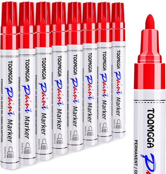 Paint Pens Paint Markers Red - 8 Pack Permanent Markers Oil Based for Metal Wood, Pens for Metal, Car Tyre,Plastic, Ceramic, Plastic, Canvas, Rock Painting, Glass, Craft Supplies