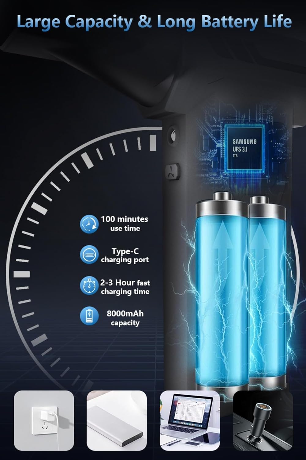 Mini Compressed Air Computer Duster 110000RPM, Cordless Electric Air Blower Rechargeable with LED Light, Case and Digital Display, for PC Keyboard Car Snow Removal & Outdoor, Air Bed, Black