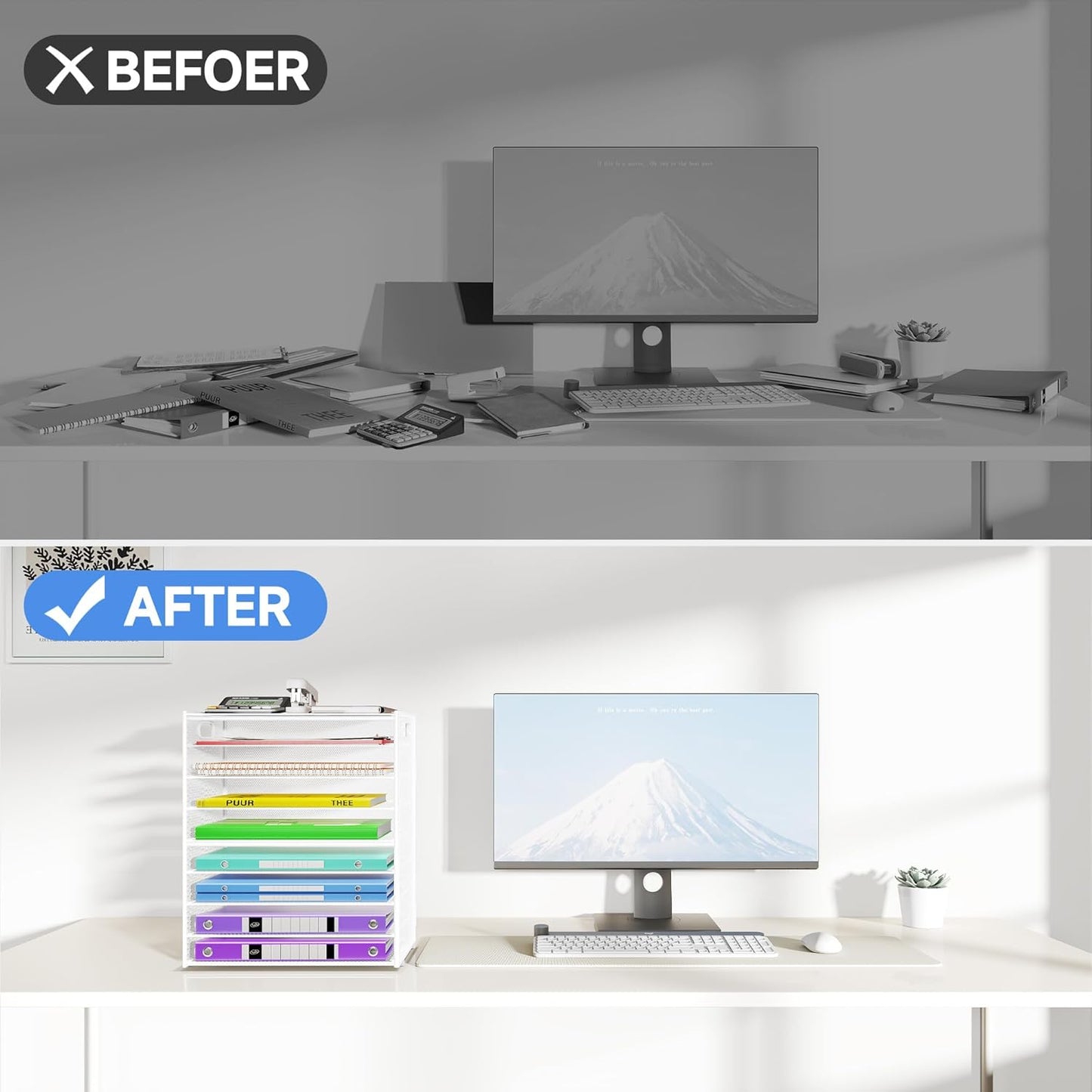 9 Tier Paper Organizer with Handle, Large Capacity Desk Organizer Mesh File Folder Letter Paper Tray Desktop Document Sorter for Classroom, School, and Office Accessories Organization- White