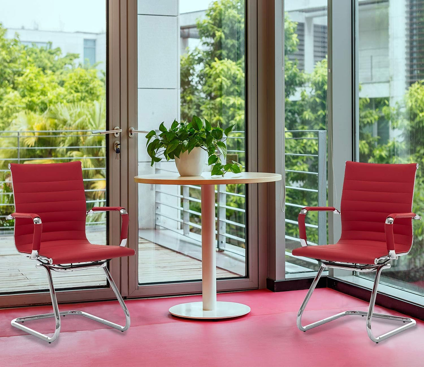 No Wheels Reception Chairs Waiting Room Chair Leather Conference Chairs Back Support Heavy Duty Office Chair with Arm, Set of 2 (Deep Red)