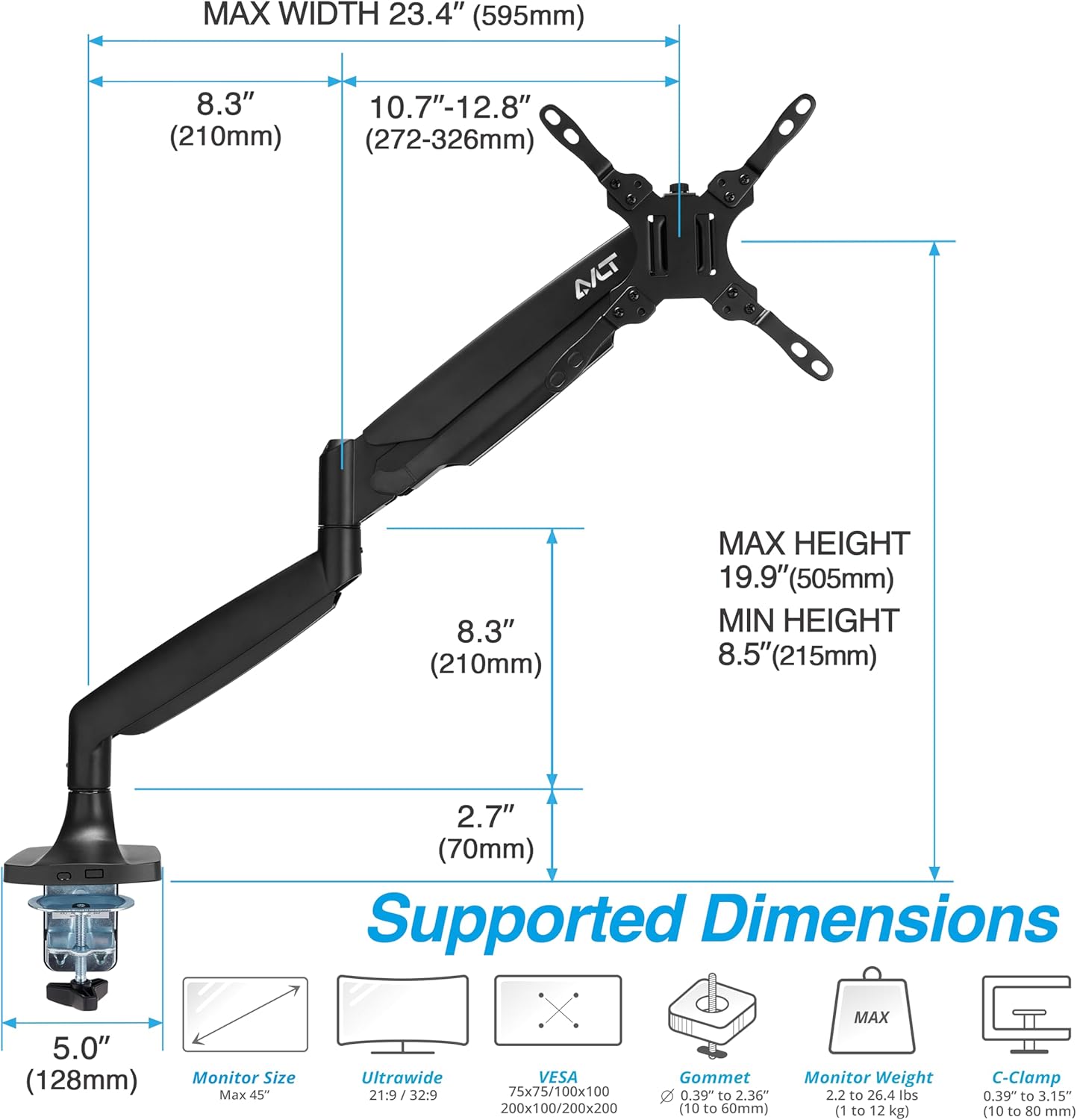 AVLT Single 17"-45" Monitor Arm Desk Mount Premium Mechanical Spring fits One Flat/Curved/Ultrawide Monitor Full Motion Height Swivel Tilt Rotation Adjustable, Black