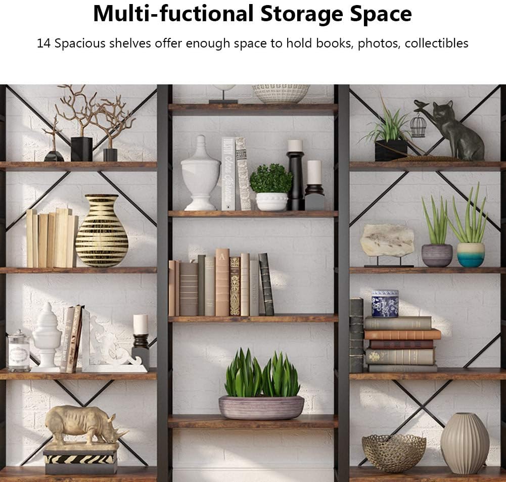 Tribesigns Triple Wide 5-Shelf Bookcase, Etagere Large Open Bookshelf Vintage Industrial Style Shelves Wood and Metal bookcases Furniture for Home & Office, 70 inch