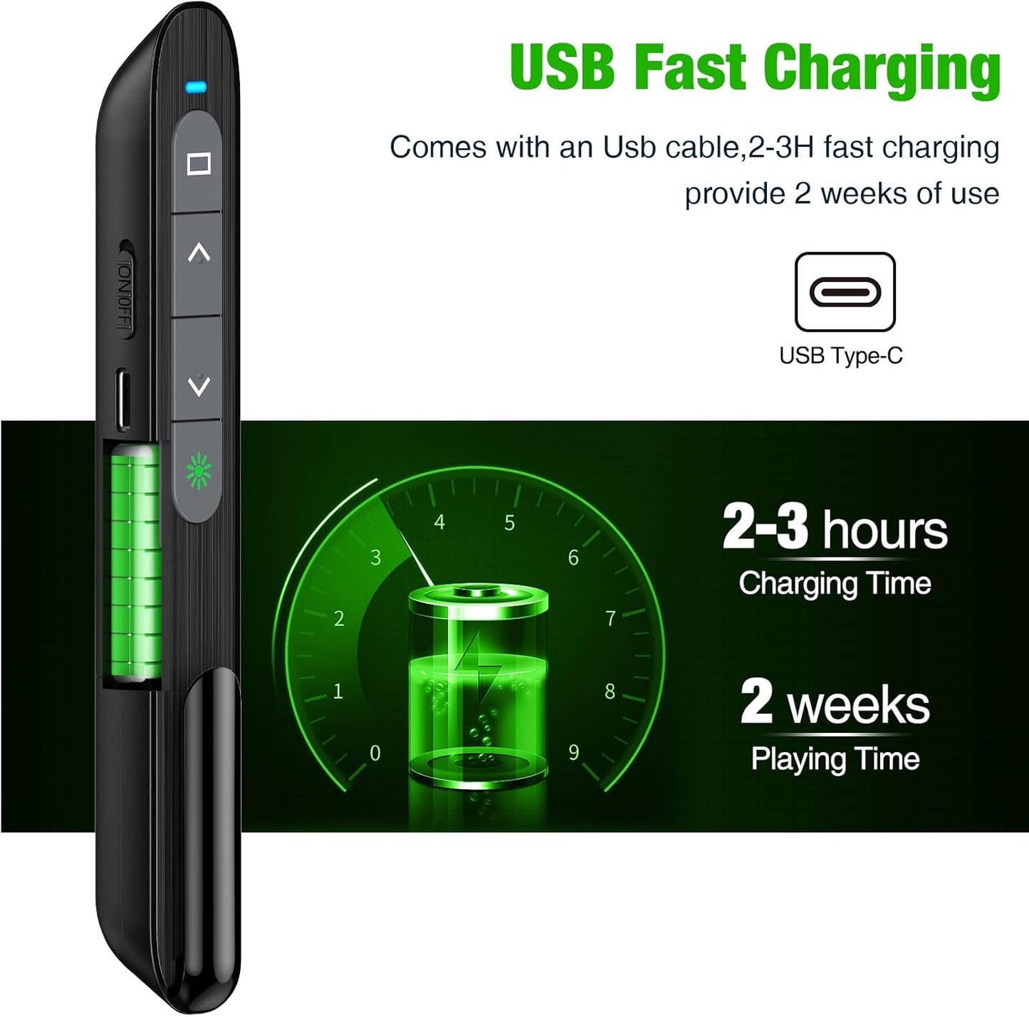 USB C Rechargeable Presentation Clicker with Green Light,Remote Clicker for Presentations Wireless Presenter Slide Changer PPT Advancer Pointer with Volume Control for Laptop Computer