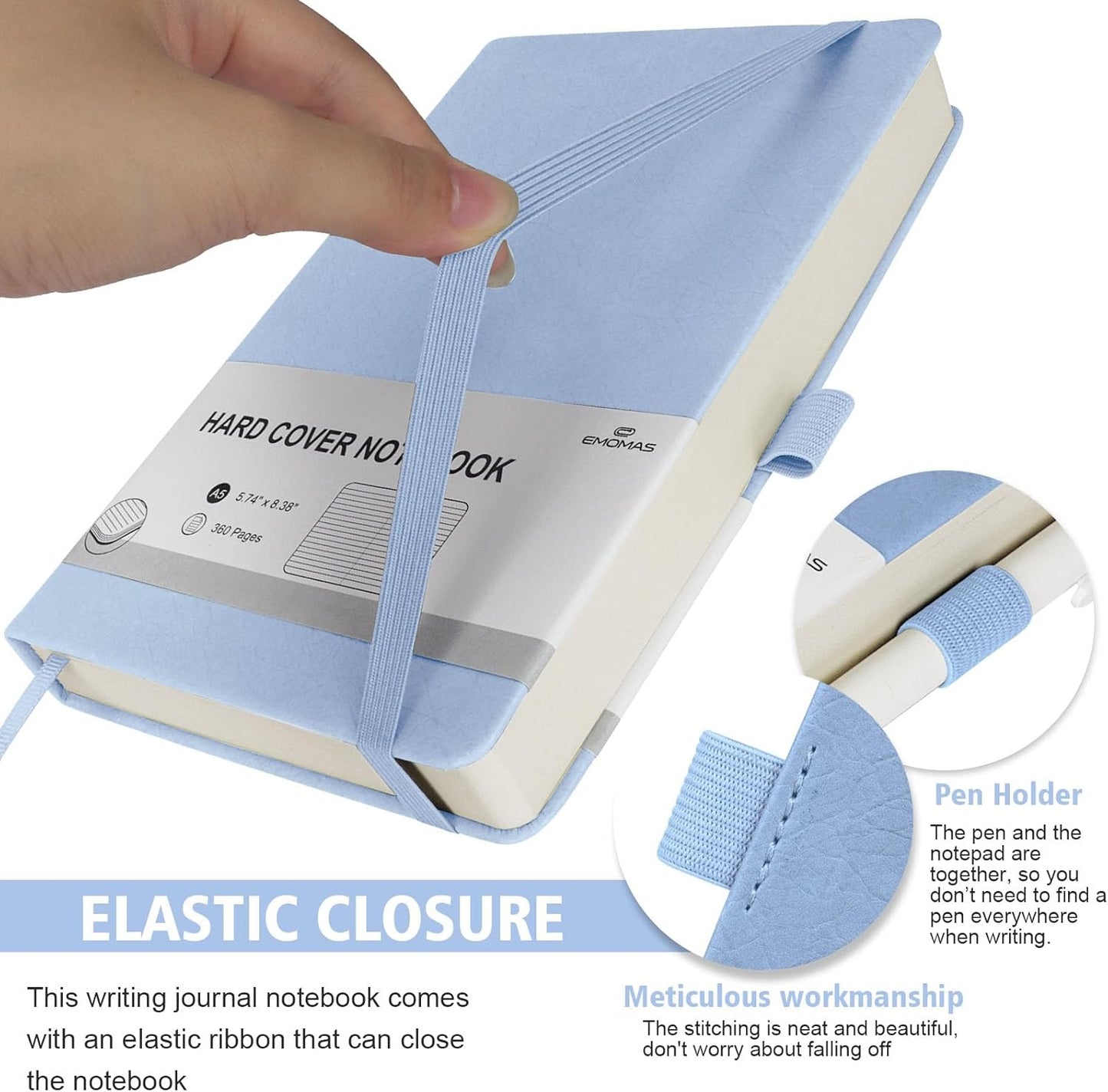 Lined Journal Notebook, 360 Numbered Pages(With page number), Thick Journal for Writing A5 College Ruled Notebook, 100gsm Lined Paper, Leather Hardcover, 5.75'' X 8.38''-1 Pack, Sky Blue