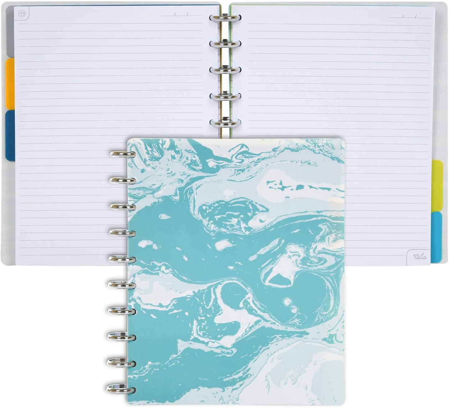 Talia Discbound Notebooks, Planner, Customizable, (yMarble Flow Turquoise w/Silver Discs, Midsize (7.5in x 9.75in))