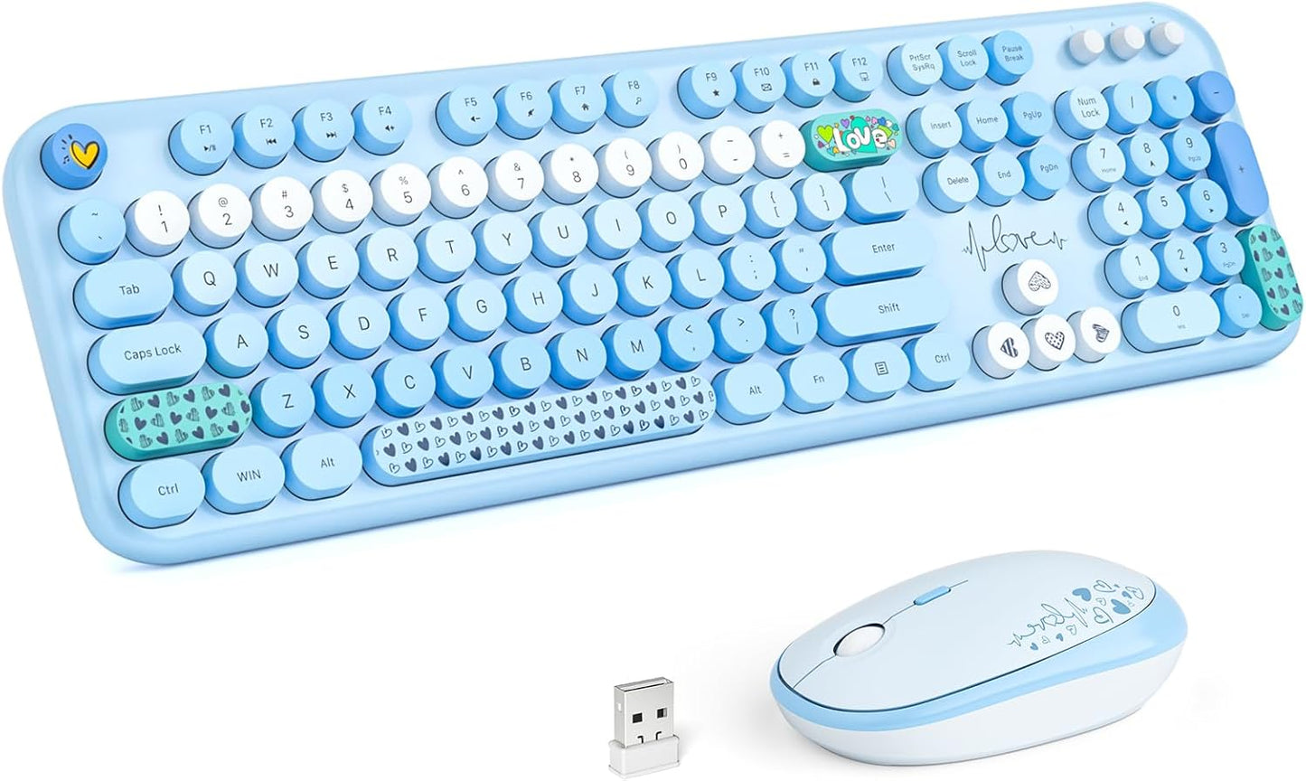 MOFII Wireless Keyboard and Mouse Combo, Full Size 2.4G Plug and Play Typewriter Retro Round Computer Keyboard and Mouse Set for Windows, Computer, Desktop, PC, Notebook - (Blue Colorful)