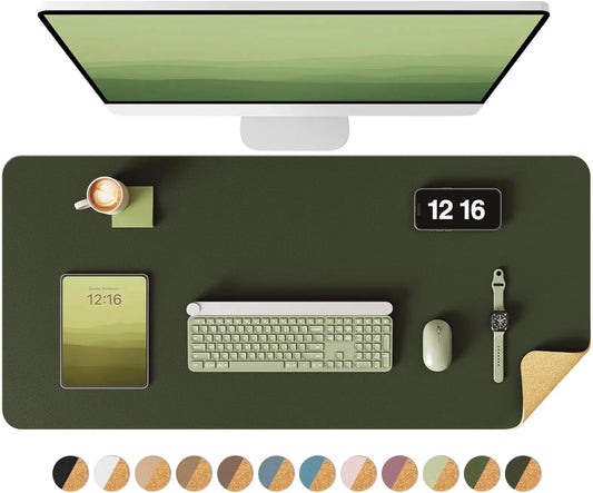 YSAGi Double-Sided Desk Pad, 35.4"x17" Leather Desk Mat, Eco Cork Desk Pad Protector,Large Mouse Pad,Waterproof Desk Blotter for Office/Home (Dark Green/Cork)
