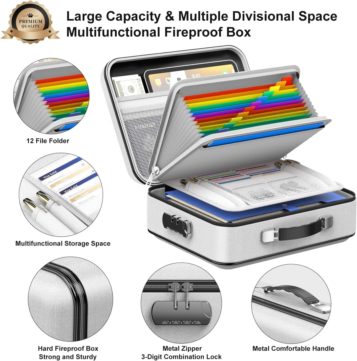 Fireproof Document Box, Hard Case Fireproof File Organizer with Lock Hard-Shell Design Fireproof Water Resistant Safe Box for Important Documents Certificates Laptop Passports Gray
