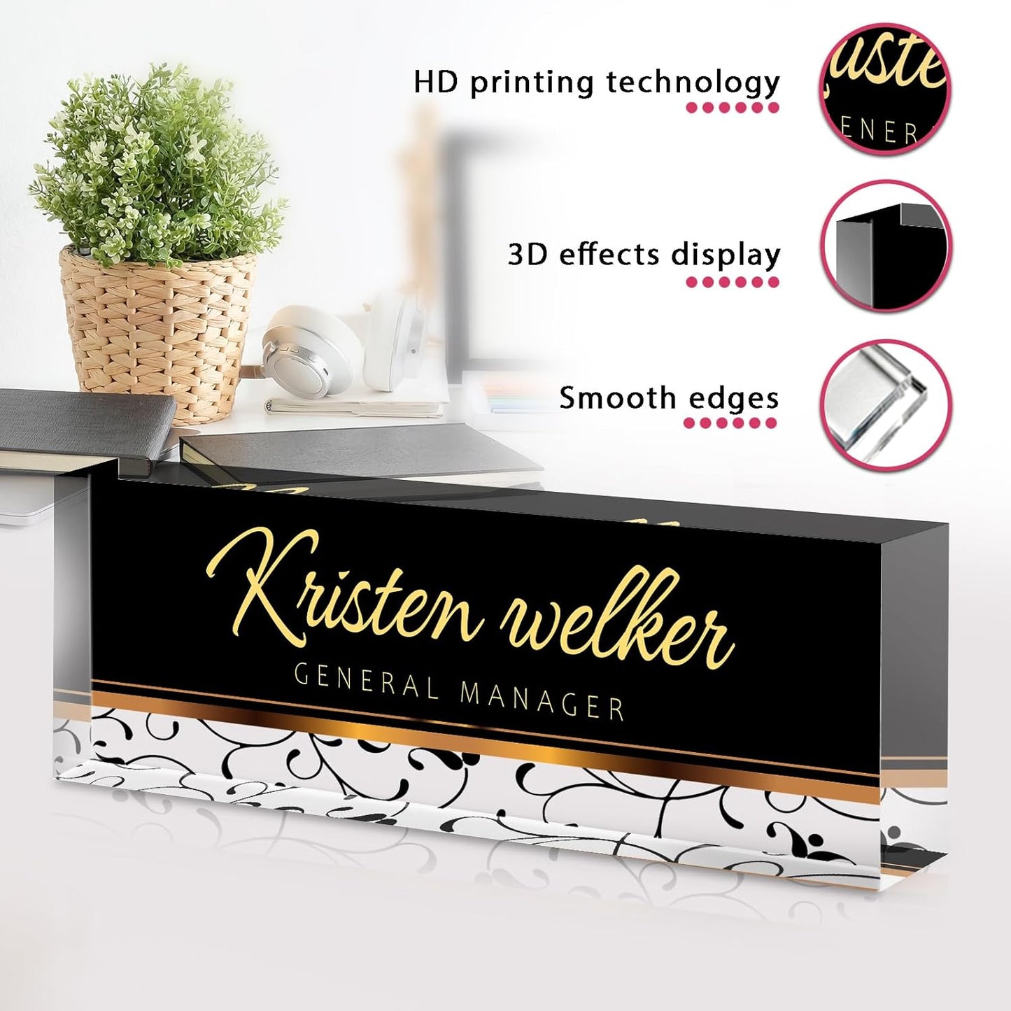 Personalized Name Plate for Desk - Custom Engraved Name Plates for Man - Boss Day Gifts for Boss - Acrylic Office Decor Appreciation Gifts for Teacher Nurse Coworker Social Worker (Black)