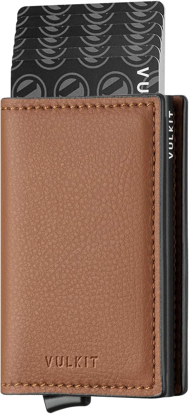 VULKIT Credit Card Holder RFID Blocking Leather Automatic Pop Up Wallet Aluminum Slim Pocket Business Card Case