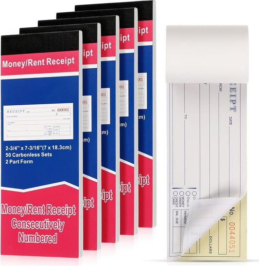 Crtiin 5 Pads Money and Rent Receipt Book 2.75 x 7.2 Inch Bound Cover 2 Part Carbonless Receipt Book with Carbonless Copies Receipt Log Book 50 Sets Per Book