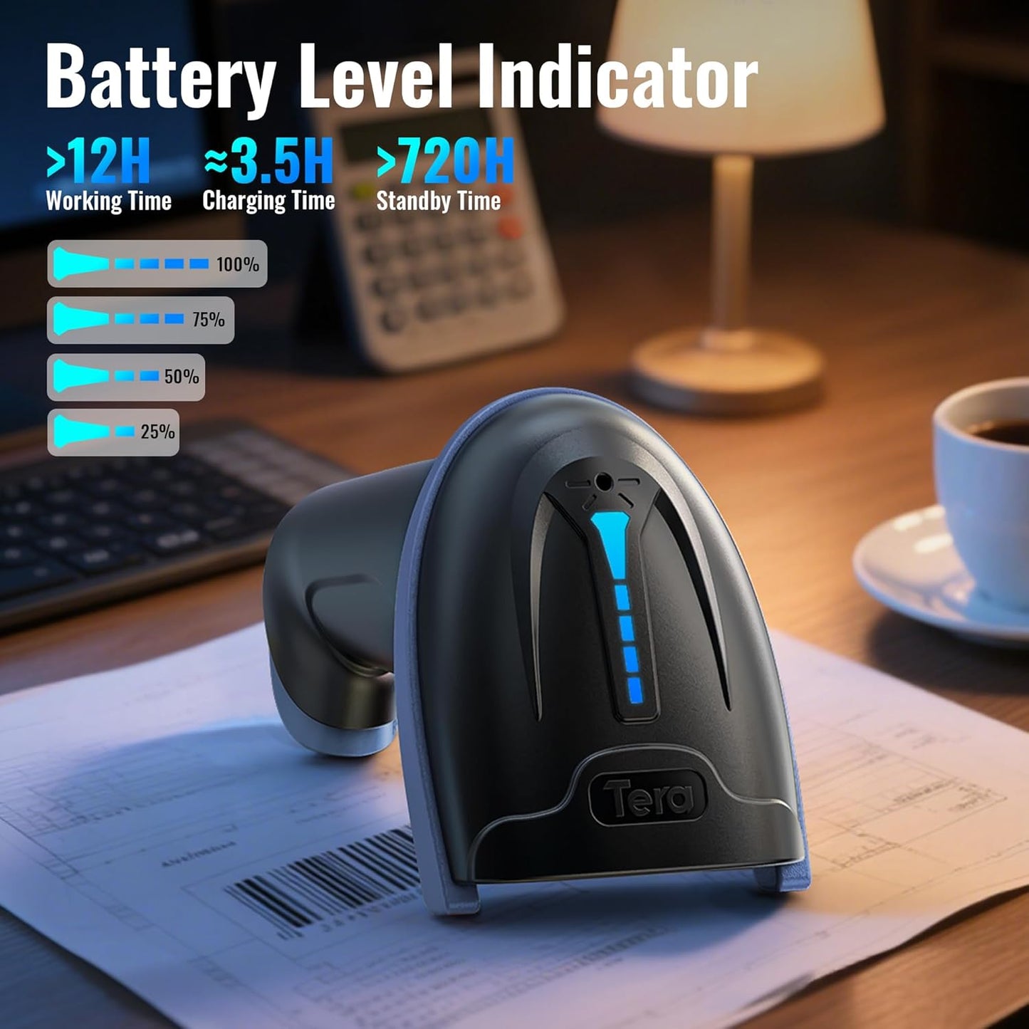Tera 1D 2D QR Barcode Scanner Wireless and Wired with Battery Level Indicator Digital Printed Bar Code Reader Cordless Handheld Barcode Scanner Compact Plug and Play Model D5100