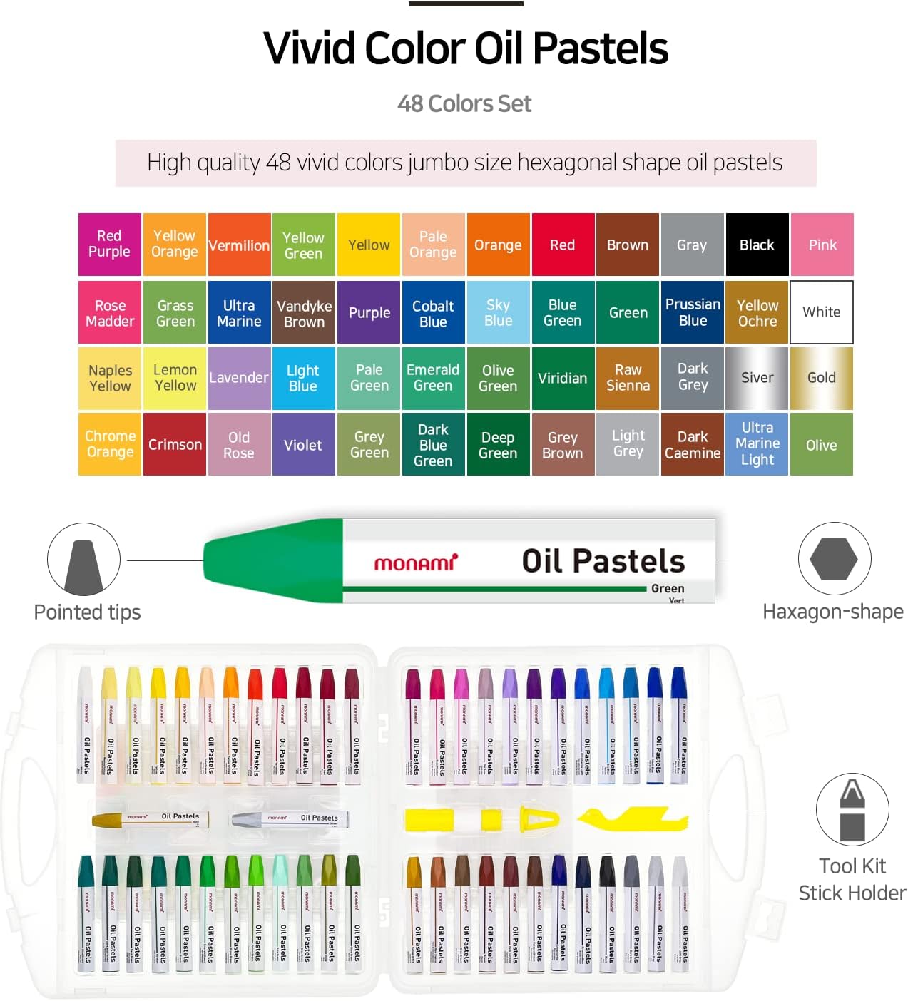 MONAMI Jumbo Size Hexagonal Oil Pastels for Kids and Students, 48 Vivid Colors +2 Extra (Total 50) with Carrying Case