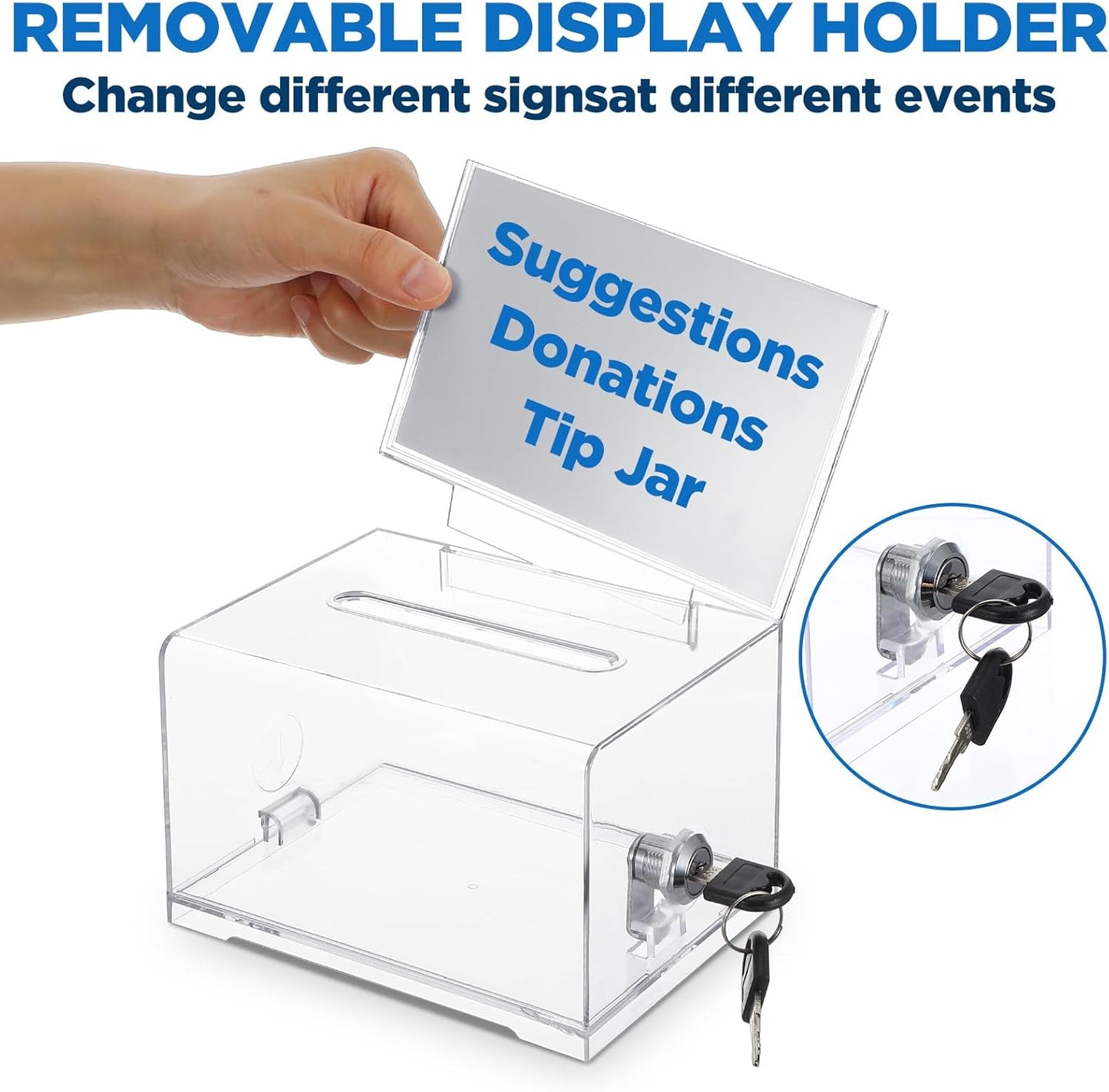 3 Pcs Acrylic Donation Box with Lock and Sign Holder Clear Ballot Donation Boxes with Slot for Fundraising Suggestion Box Storage Container for Voting, Raffle Bowl, Tip Jar
