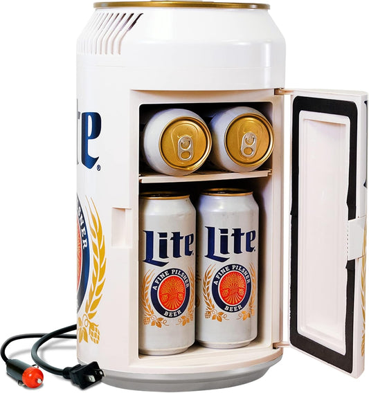 Miller Lite Mini Fridge - Refrigerator for Bedroom Office, Portable Table Top Beverage Cooler, 12V 110V Refrigerador For Drinks, Soda, Wines, Use In Car, Outdoor, Patio, 8 Can