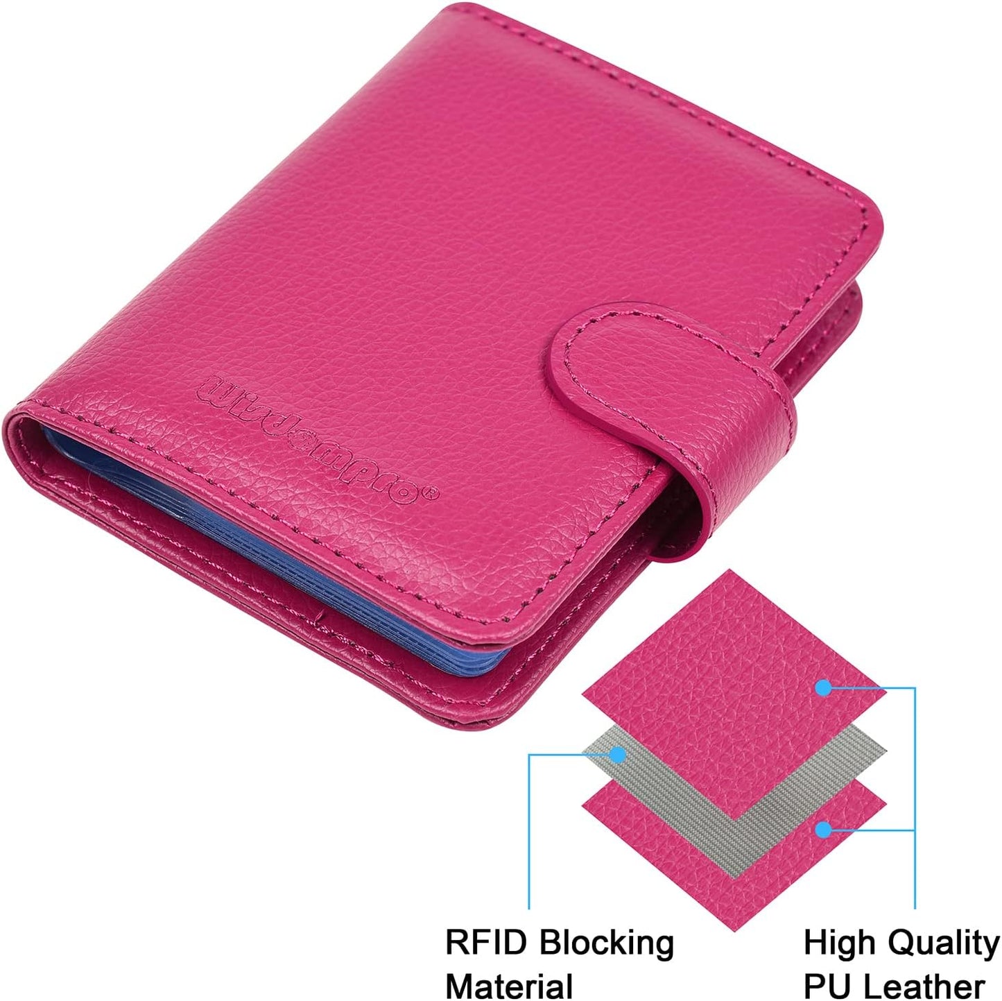 Wisdompro Credit Card Holder, PU Leather Slim RFID Blocking Debit Card Protector Wallet Organizer Case with Magnetic Shut (Build in 20 Card Slot & 7 Small Cells for Memory Cards)-Vertical Hot Pink