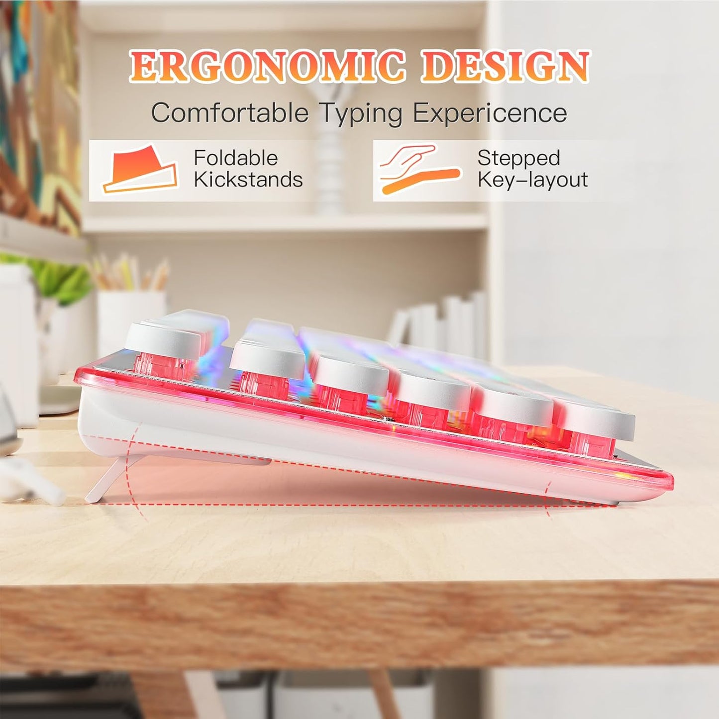 Typewriter Style Keyboard with Metal Panel, Rainbow LED Backlit, Round Keys, Anti-ghosting, Spill Resistant, Light Up USB Wired Retro 104 Keys for Office/Gaming, White/Silver