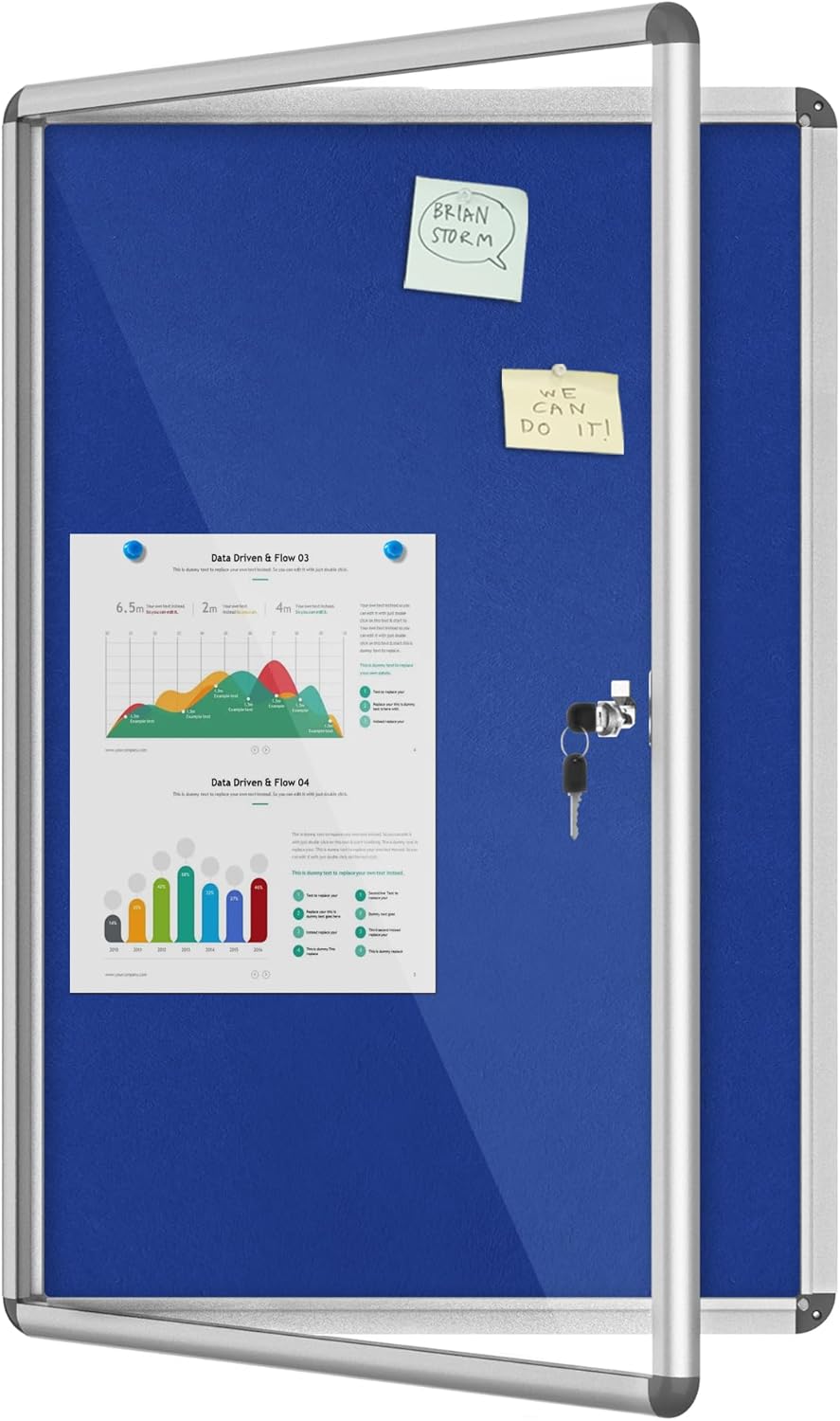 36"x24" Enclosed Bulletin Board, Lockable Weather-Resistant Aluminum Cork Noticeboard for School & Office, Silver Frame w/Blue Flet