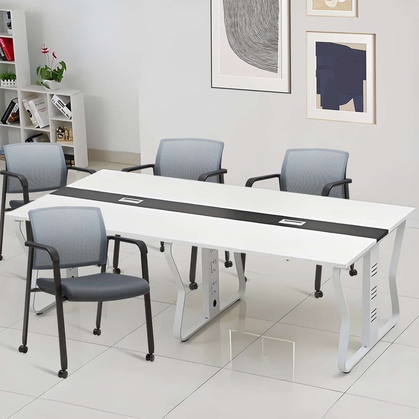 CLATINA Mesh Back Stacking Arm Chairs with Upholstered Fabric Seat and Ergonomic Lumbar Support for Office School Church Guest Reception (WithWheels Gray- 8 Pack)