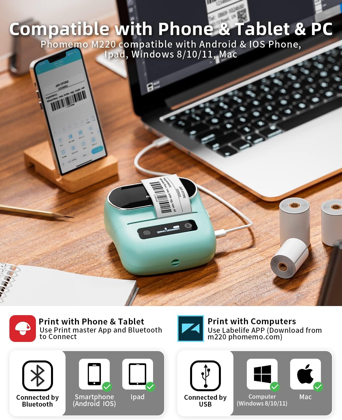 Phomemo Label Maker, M220 Thermal Label Printer, Portable Bluetooth Wireless Inkless 3 Inch Barcode Printer, Great for Home, School & Office, Compatible with Phone, PC, with 3 Label