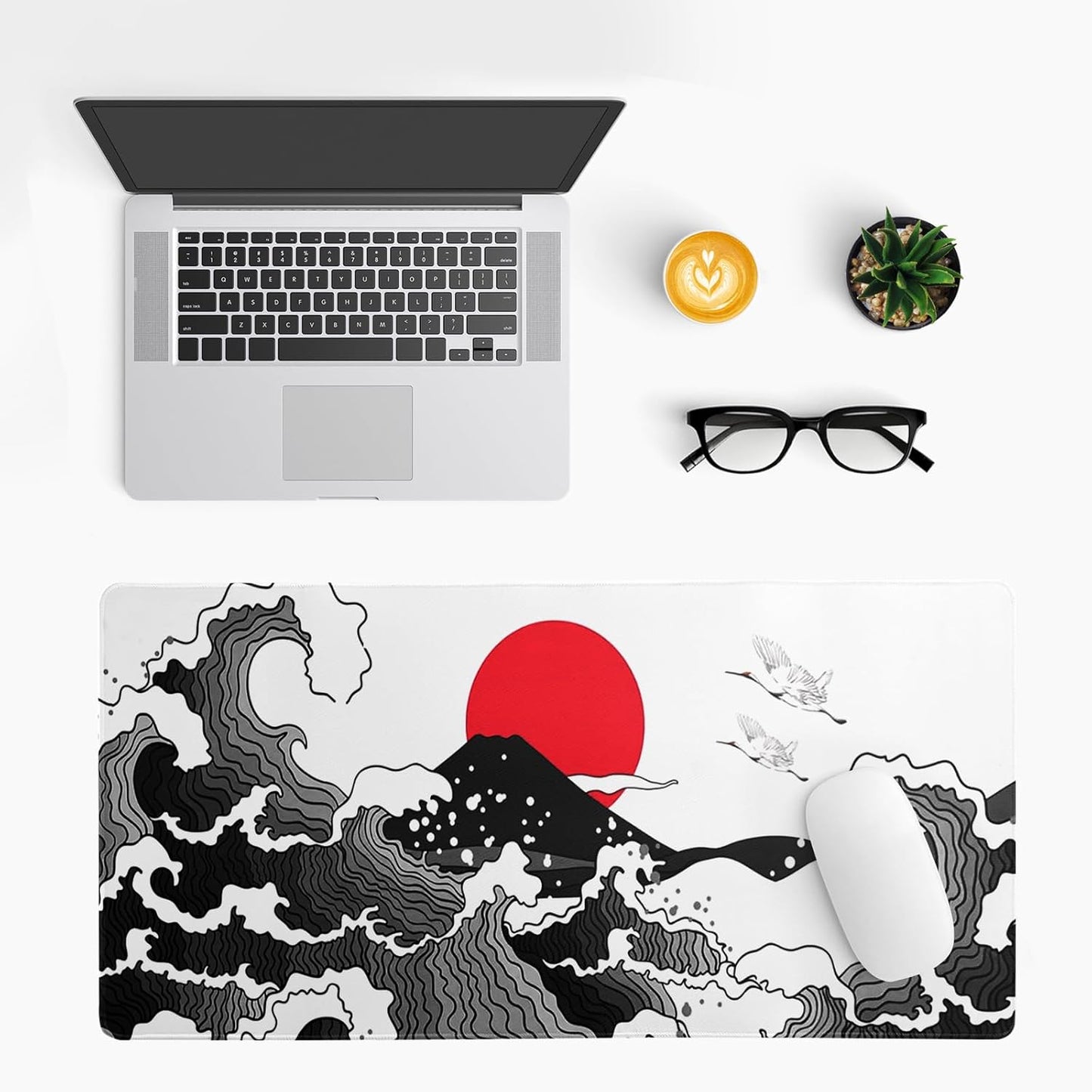 Japanese Red and Black Wave Gaming Mouse Pad Extended Large Mouse Mat Desk Pad Sea Texture Non-Slip Rubber Base Wave Mousepad Stitched Edges Keyboard Desk Pad for Office Home Game 27.6x11.8 Inch