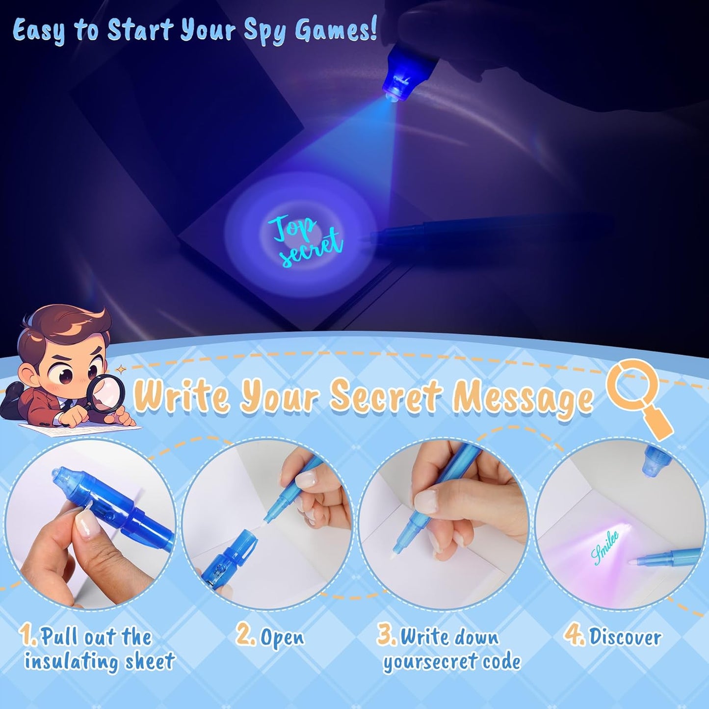 Invisible Ink Pen 24Pcs, Spy Pens with UV Light, Magic Marker, Classroom Prize, Birthday party favors for kids 8-12, Kids Christmas Gift Stocking Stuffers