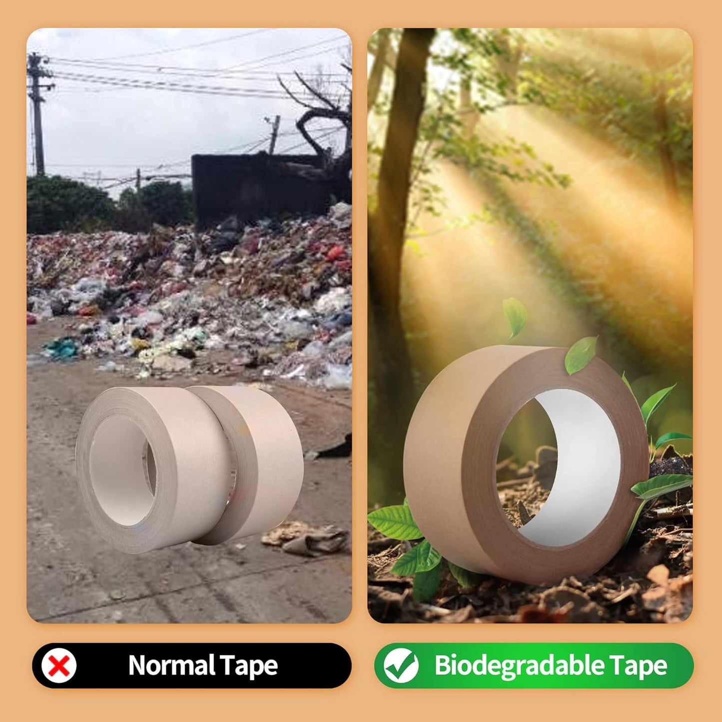 Eco-Friendly Kraft Paper Tape, Biodegradable Kraft Paper Tape, Recyclable Writable Packing Tape, Non-Coated Surface for Masking, Sealing, and Packaging Use, 2inch x 60yards, 36Rolls