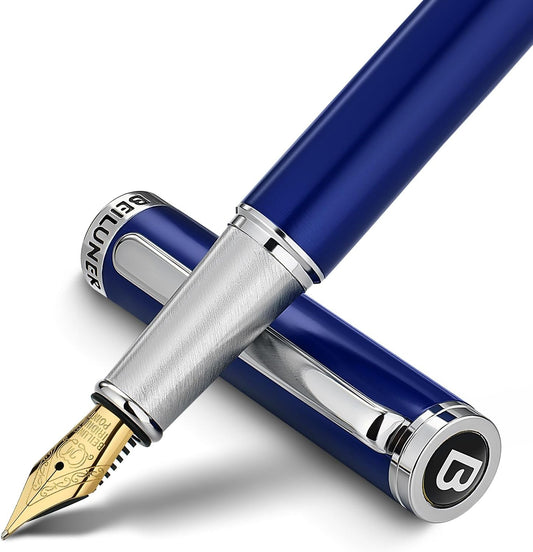 BEILUNER Luxury Fountain Pen Set,Solid 24K Gilded Medium Nib, Modern Classic Limited Edition -Includes 6 Ink Cartridges&Ink Refill Converter with Gift Case-Perfect for Men and Women（Charming blue）