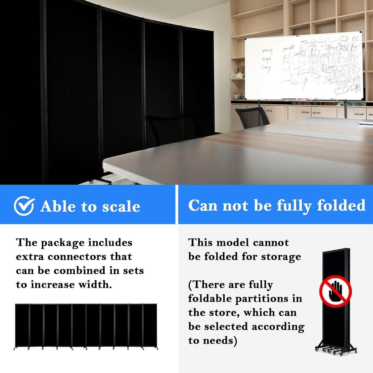 Upgrade Version Room Partition and Divider, Freestanding Rolling Dividers with Wheels,Office Privacy Screen Divider Wall,Classroom Felt Dividers,12'2"L* 6'7"H,6 Panel，Black
