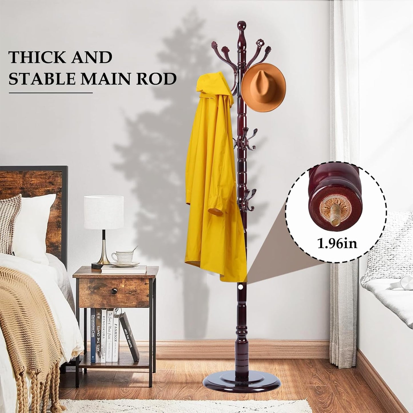 Wood Coat Rack Freestanding, Natural Coats Tree Stand with 14 Hooks, 73" Sturdy and Easy Assembly Coat Rack Stand for Entryway, Hallway, Bedroom, Bags, Hats (Heavy-duty Disc Base, Lucky Curve)