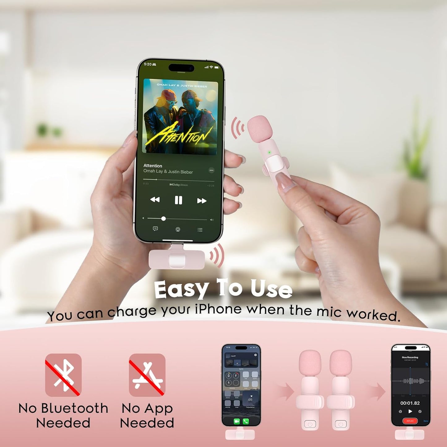 USB C Mini Wireless Lavalier Microphone for iPhone 15 16, iOS and Android Devices - Noise Reduction Lapel Mic for Recording, Clip Omni Lav Mic for Video Recording, Tiktok, Youtube, Vlog (Pink)