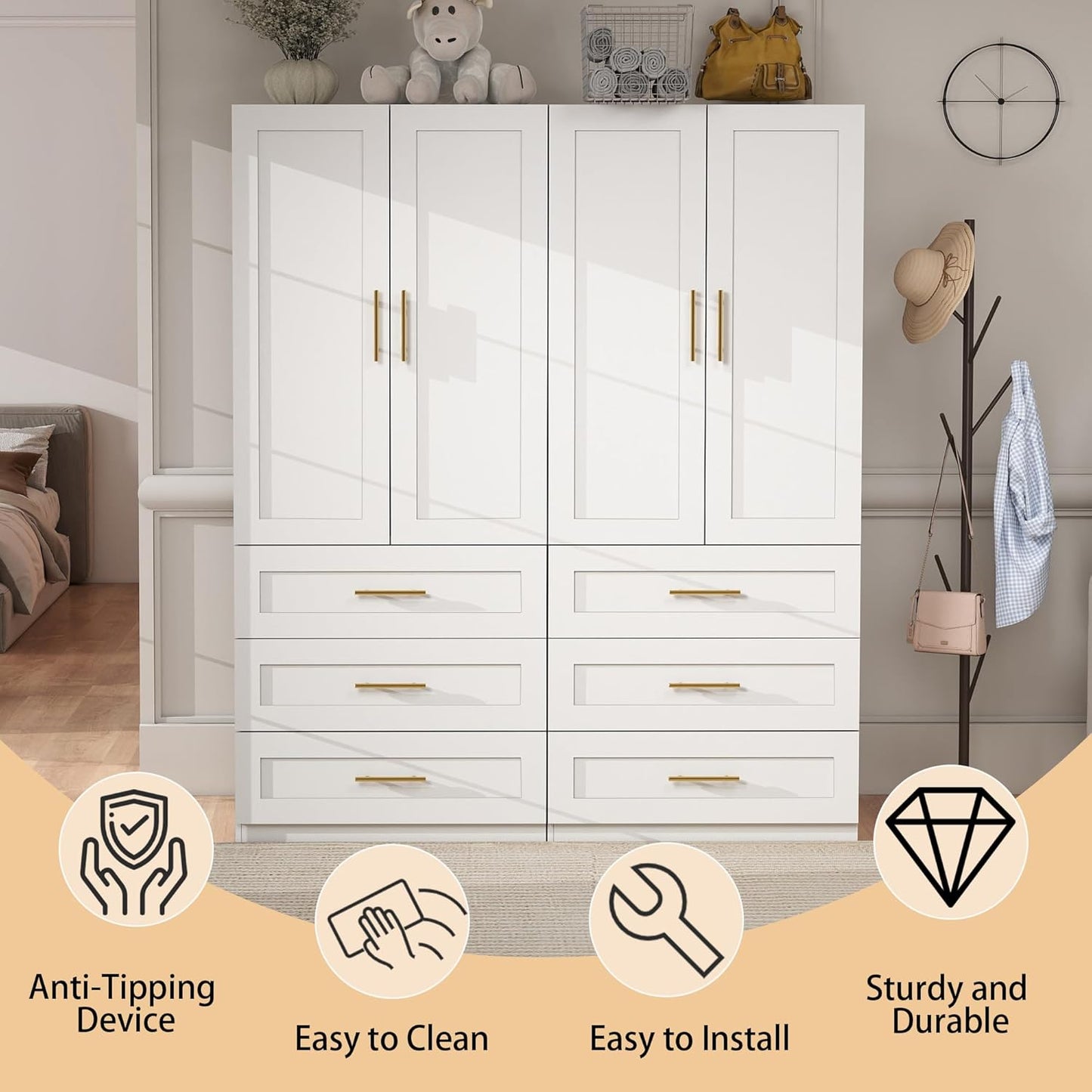 White Wardrobe with 4 Doors: 75" Tall Armoire Wardrobe Closet with 6 Drawers, Bedroom Closet Cabinet for Hanging Clothes, Wooden Storage Armoire with Shelves (Modern, 2)