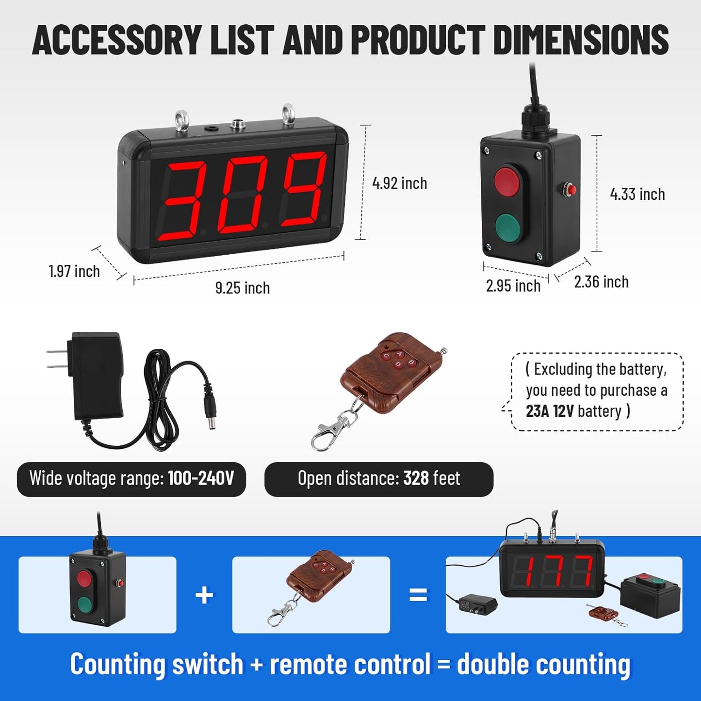 JIAWANSHUN Digital Lap Counter 3.5 inch,Electronic Counter with High-Contrast LED Display, Up/Down Counting & Custom Initial Value, Durable Aluminum Frame for Sports&Golf&Kart Racing