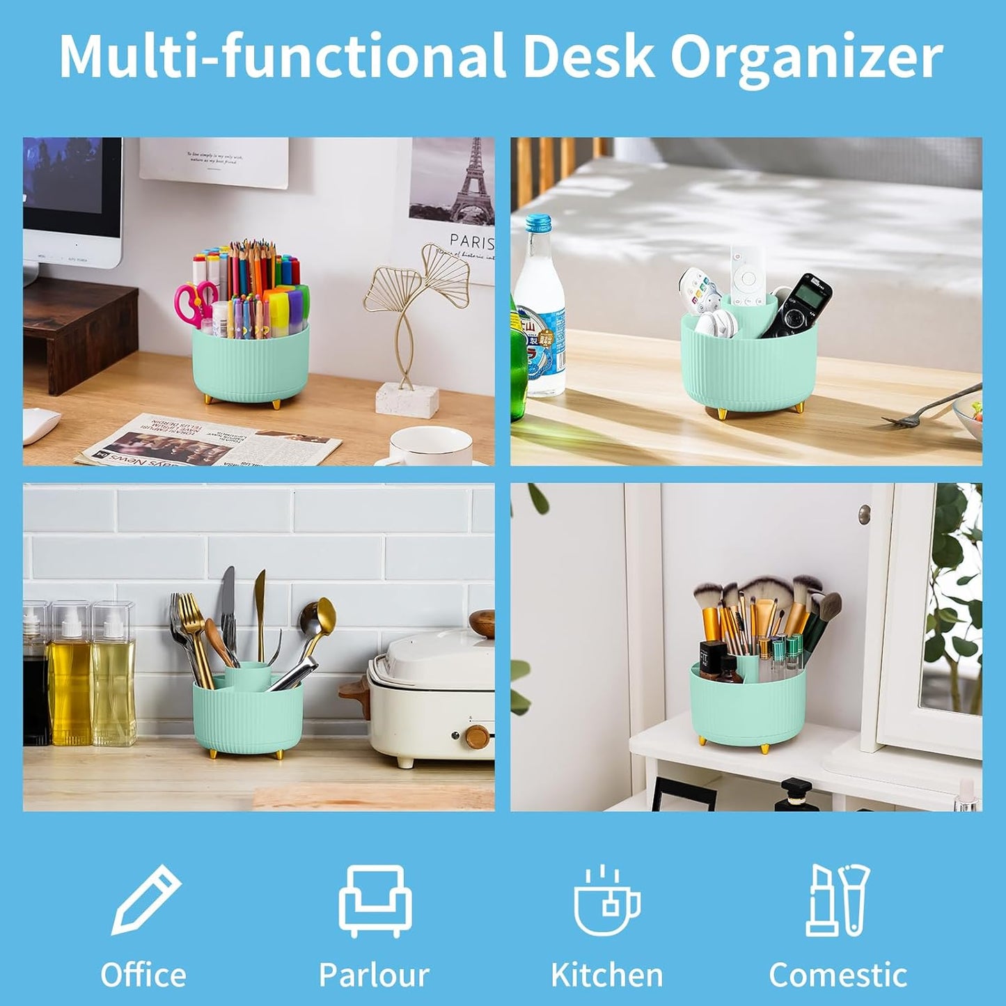 Marbrasse Desk Organizer, 360-Degree Rotating Pen Holder, Desk Organizers and Accessories with 5 Compartments Pencil Holder, Art Supply Storage Box Caddy for Office, Home (Mint Green)