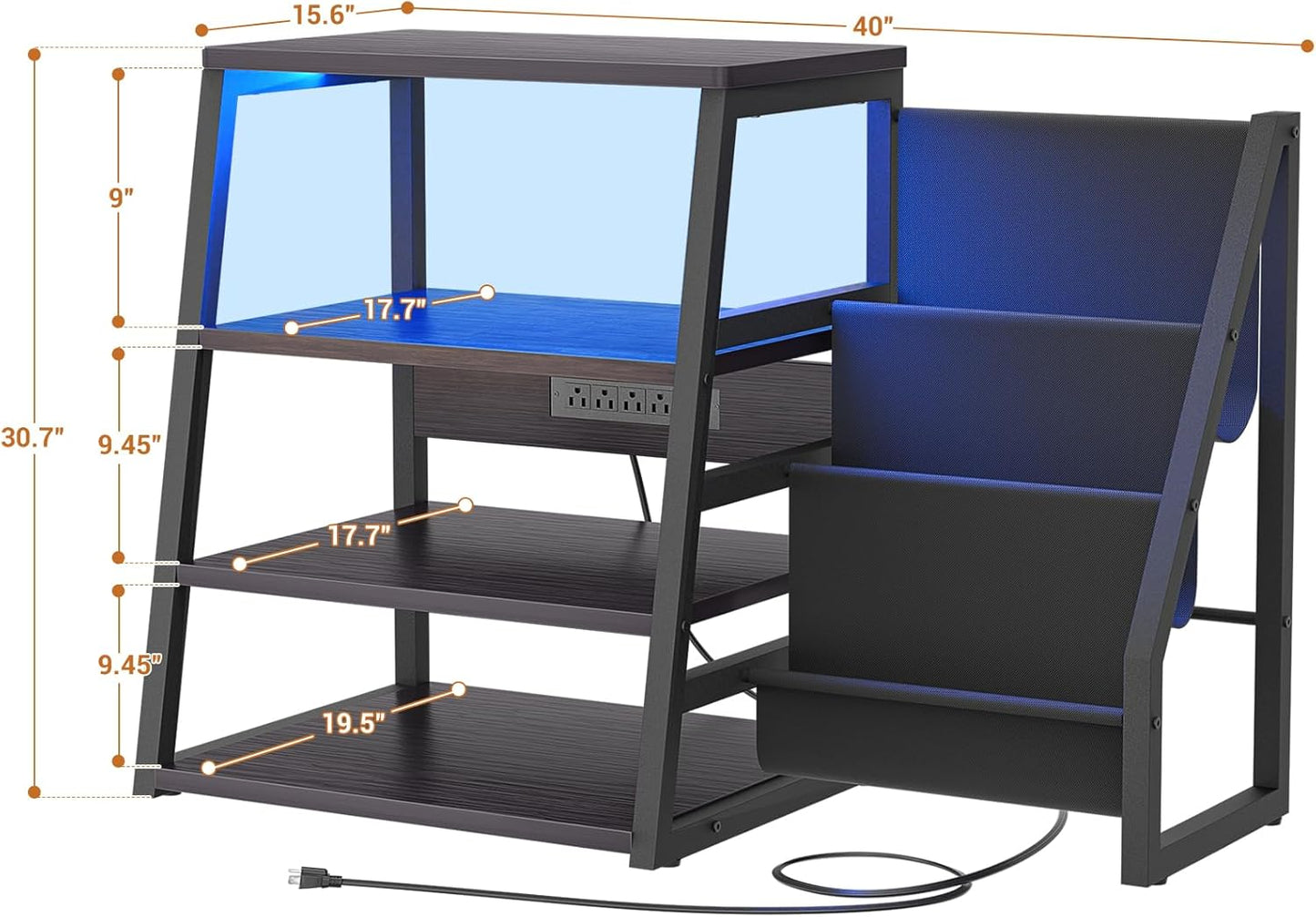 AV Media Stand with Outlets, Stereo Stands and Racks with Vinyl Storage, Stereo Stand with Record Storage, Audio Stereo Rack Cabinet, Turntable Console Stand with LED lights, 4 Tiers, Black Ebony