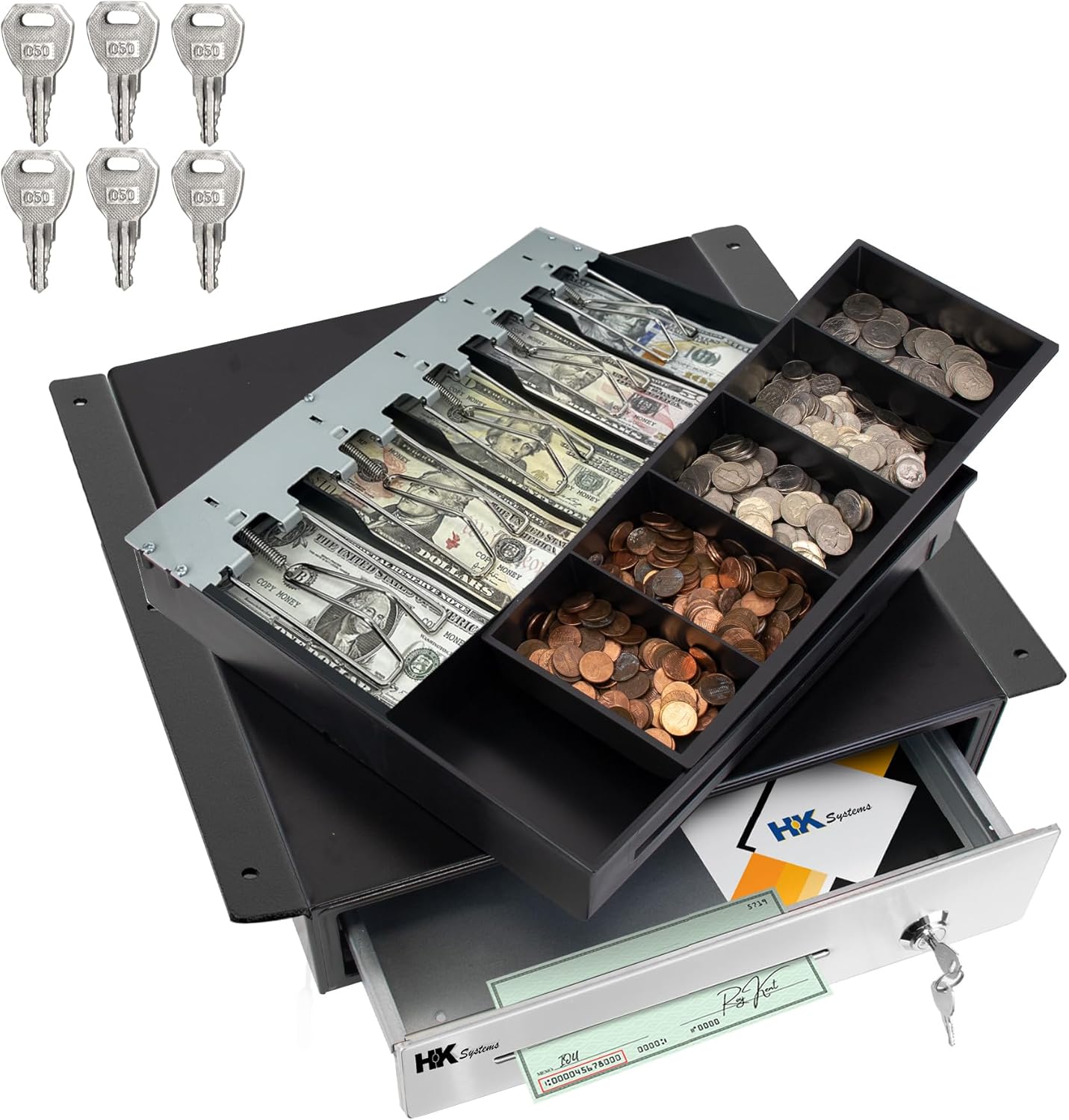 HK SYSTEMS 16""Stainless Steel" Front Heavy Duty Black POS Cash Drawer with 5Bill/5Coin with Under Counter Mounting Metal Bracket and Till Cover