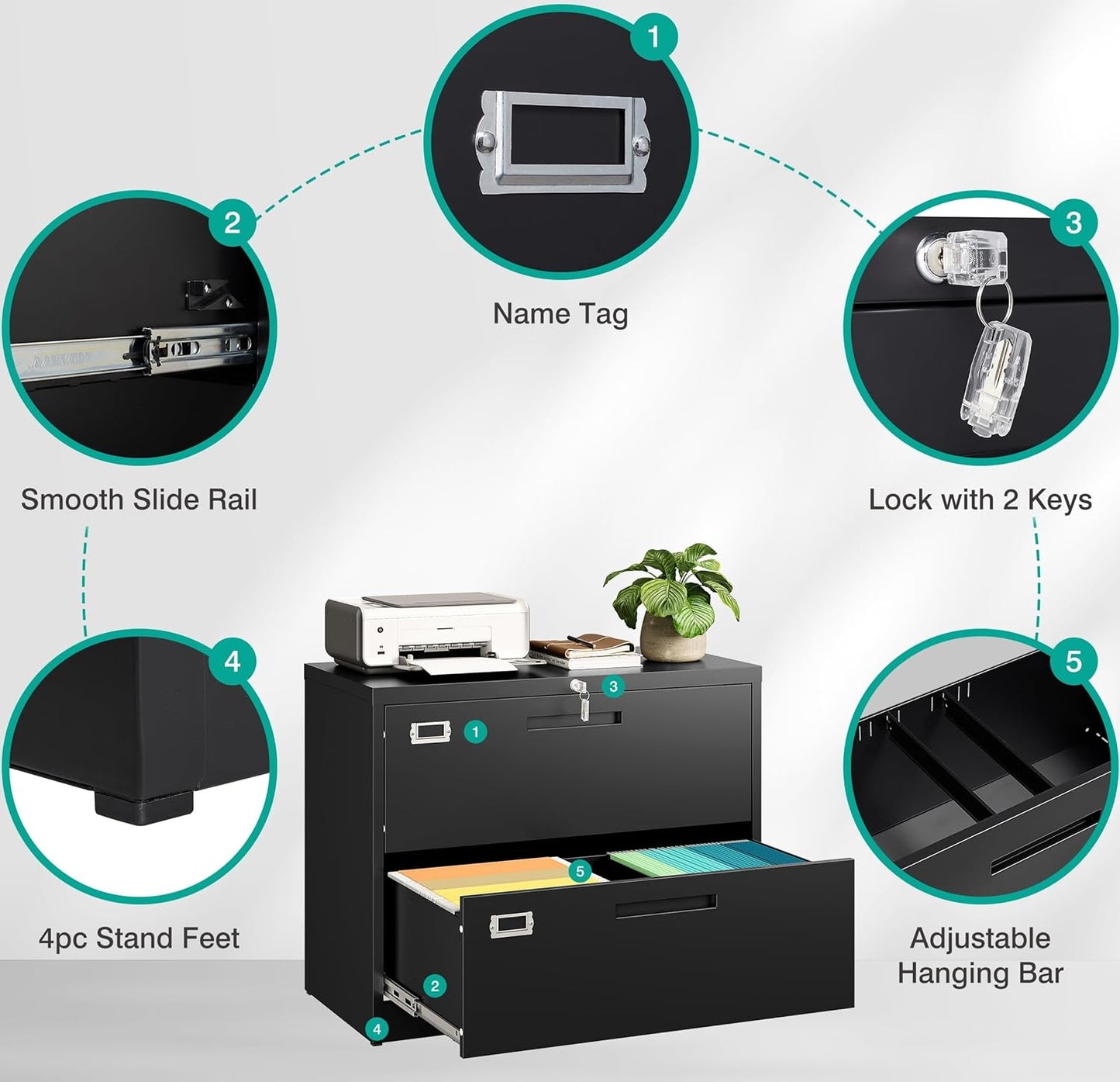 SISESOL 2 Drawer Lateral File Cabinet with Lock,Black Lateral Filing Cabinet,Horizontal Metal Filing Cabinets,Locked Wide Two Drawer File Cabinets for Office Home,Fit A4/F4/Letter/Legal File