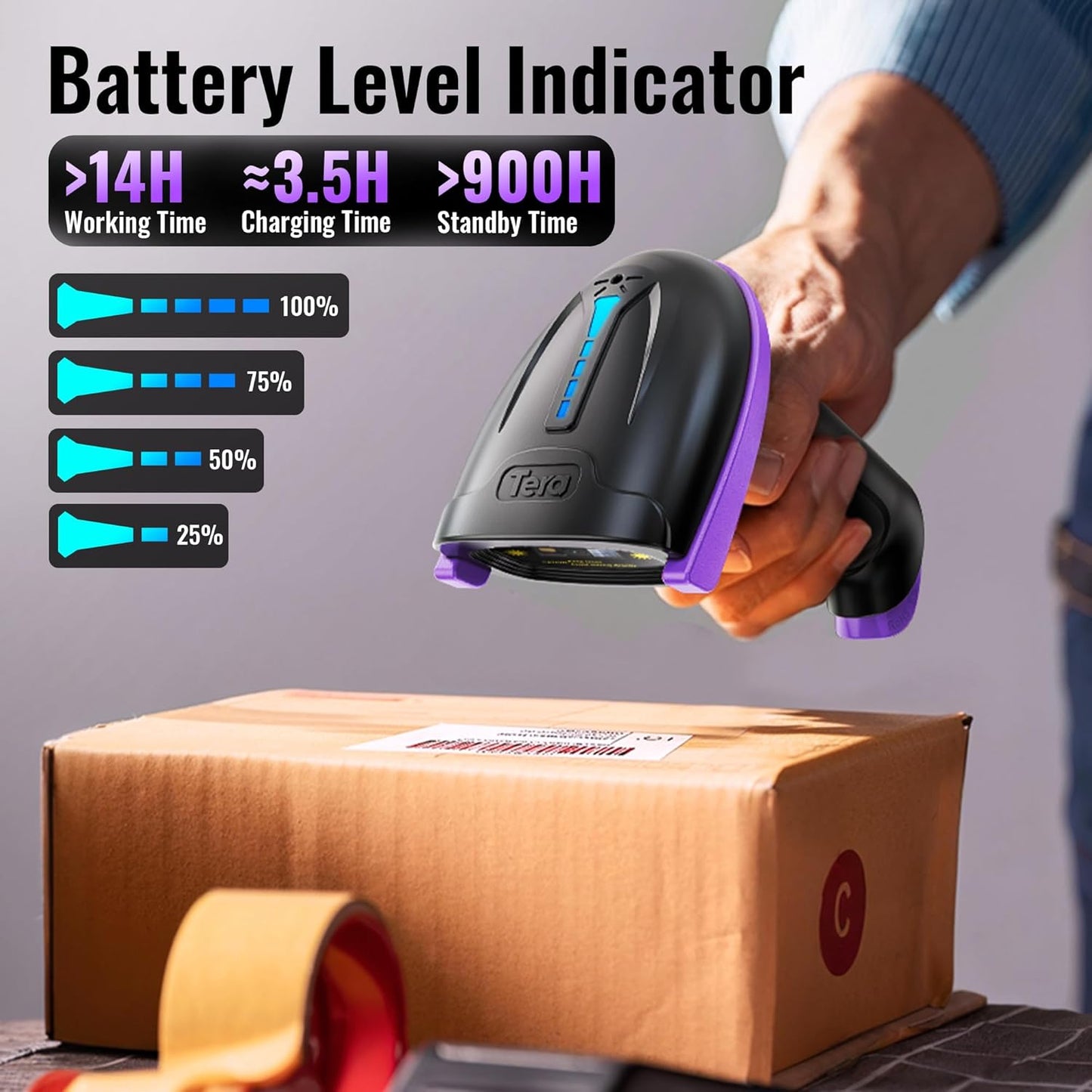 Tera Barcode Scanner Wireless Versatile 2-in-1 (2.4Ghz Wireless+USB 2.0 Wired) with Battery Level Indicator, 328 Feet Transmission Distance Rechargeable 1D Laser Bar Code Reader Handheld 5100 Purple