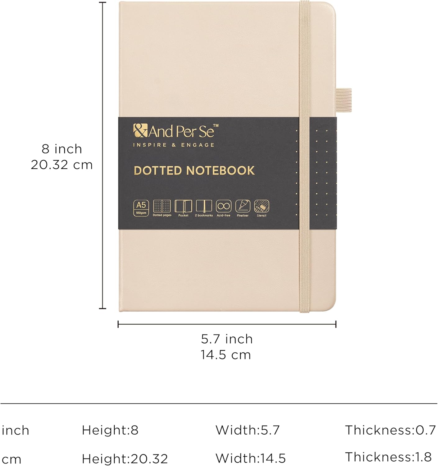 &And Per Se Bullet Dotted Journal Notebook, A5 Leather Hardcover, 176 Numbered Pages 100GSM Thick Dotted Paper, 2 Sheets of Stencils Included - 5.7'' x 8'' (Light Apricot)