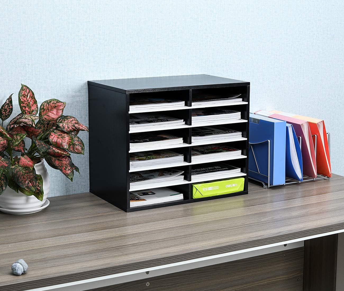 EasyPAG Mail Organizer Countertop, Wood Literature Organizer, Student Classroom Mailbox for School, Desktop Paper Sorter for Office Home, 12 Compartments, Black/White