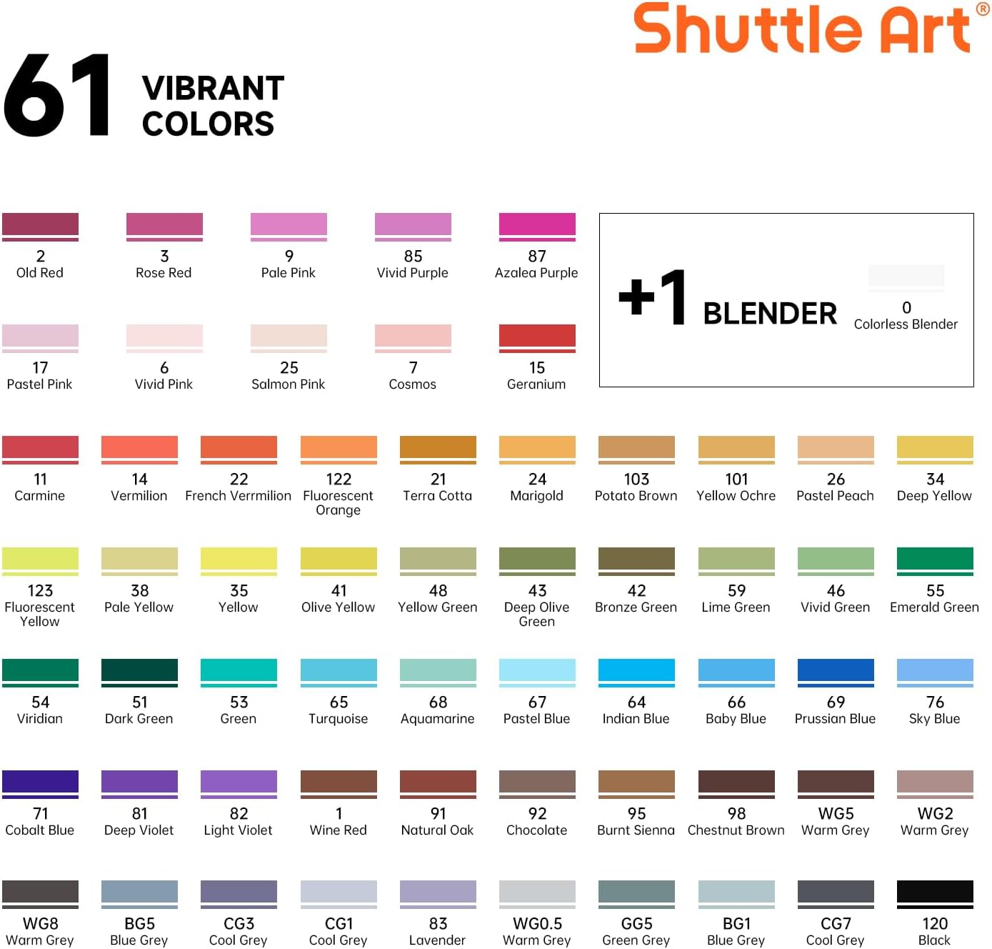 Shuttle Art 61 Colors Alcohol Markers, 60 Colors Dual Tip Art Marker Set Plus 1 Colorless Blender with Marker Case Perfect for Illustration Students Adult Coloring Sketching