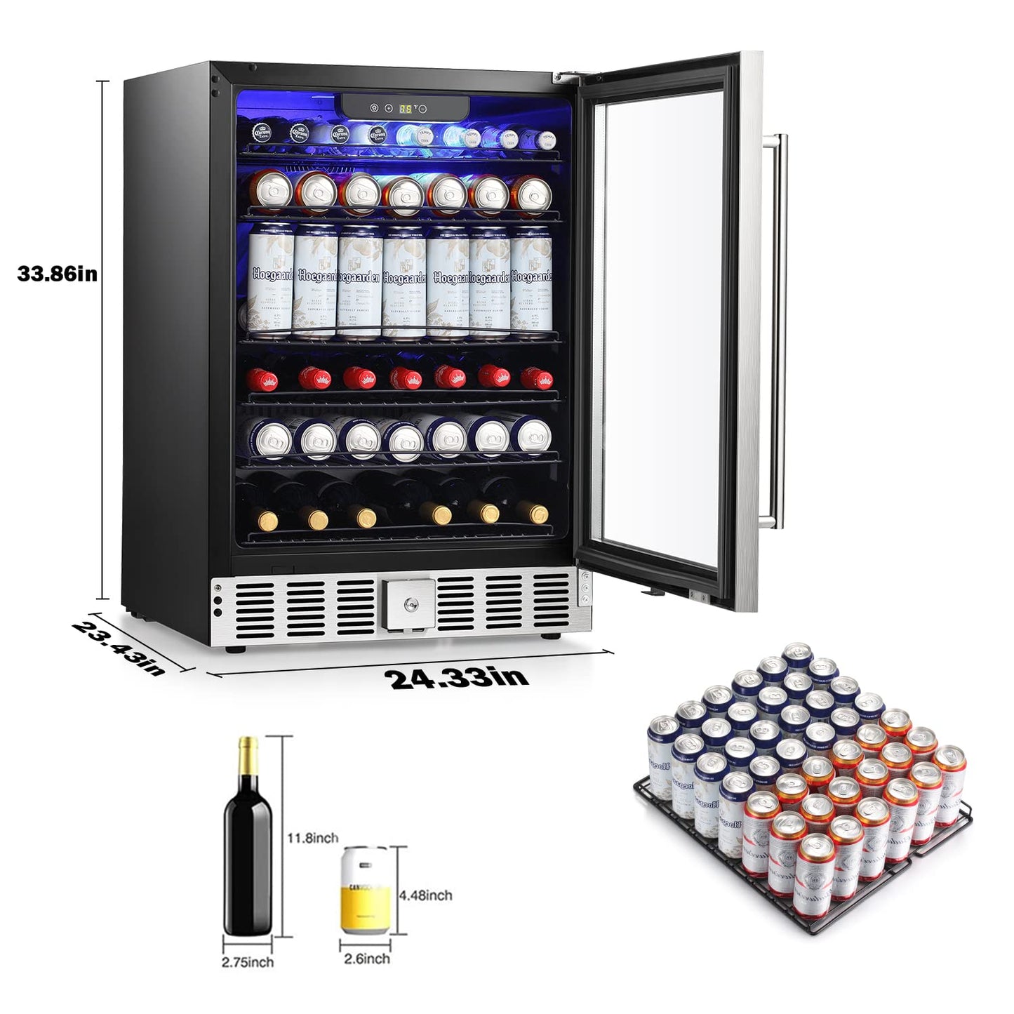 COWSAR Wine Cooler Refrige ETL Approved 24inch Wine Fridge Freestanding or Built-in Wine Refrigerator 5.1Cu.Ft Wine Fridge Under Counter Stainless Steel Wine and Beverage Refrigerator with Glass Door