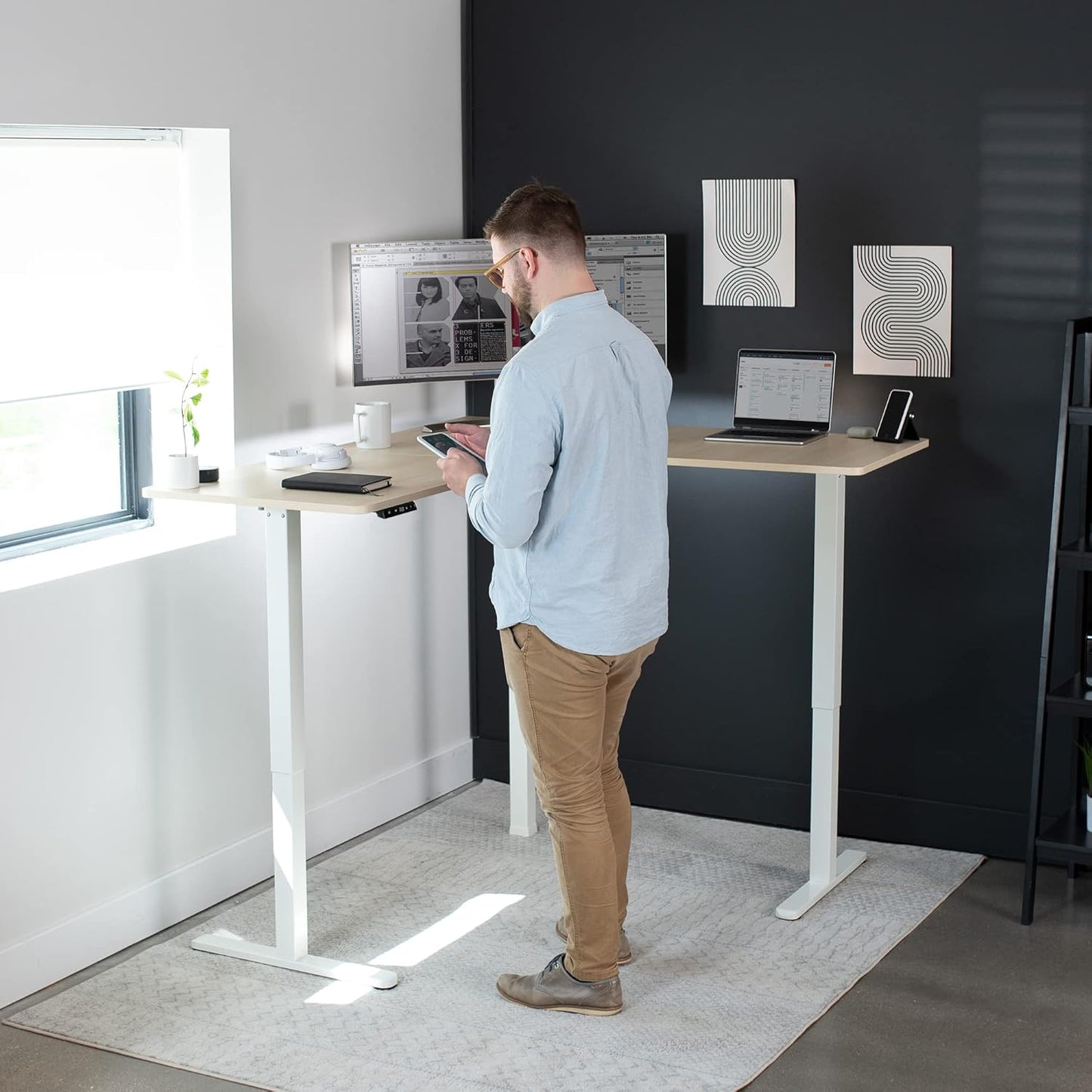 VIVO Electric Corner L-Shaped 63 x 55 in Standing Desk, Memory Height Adjustment, Light Wood Top White Frame, DESK-E3CTC