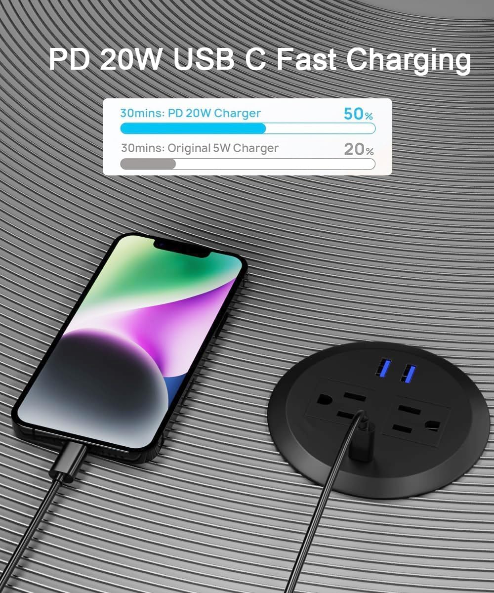 3 Inch Power Grommet,10ft Cord,20W USB C Fast Charging Station,3 USB Ports,Flush Mount.Round Recessed Power Center Desk Hole Grommet Outlet for Workspace,Couch,Black