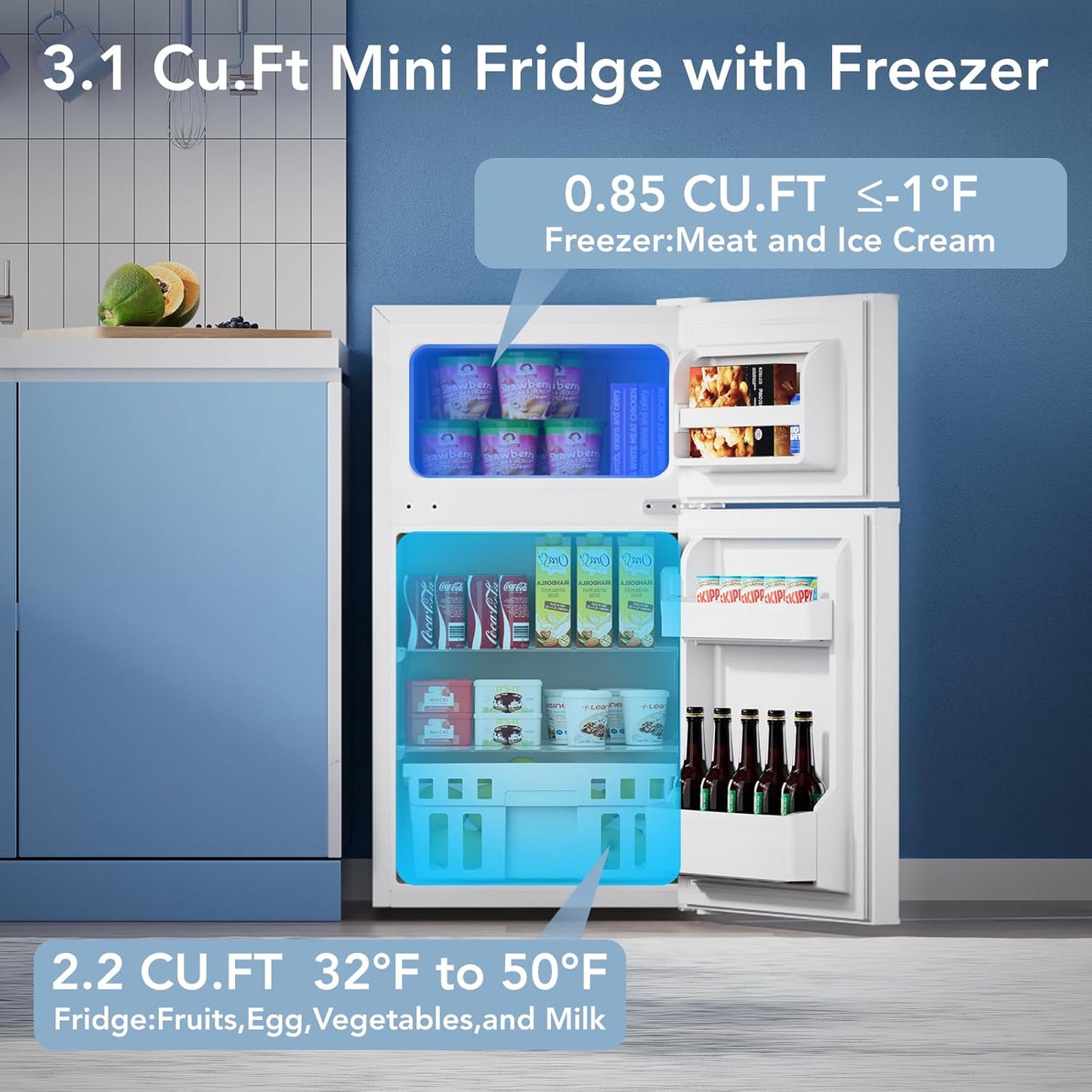 3.1 Cu.Ft Small Fridge with Freezer, Compact Refrigerator with 2 Doors, Mini Fridge with Adjustable Removable Glass Shelves for Bedroom, Dorm, Office or Apartment,White