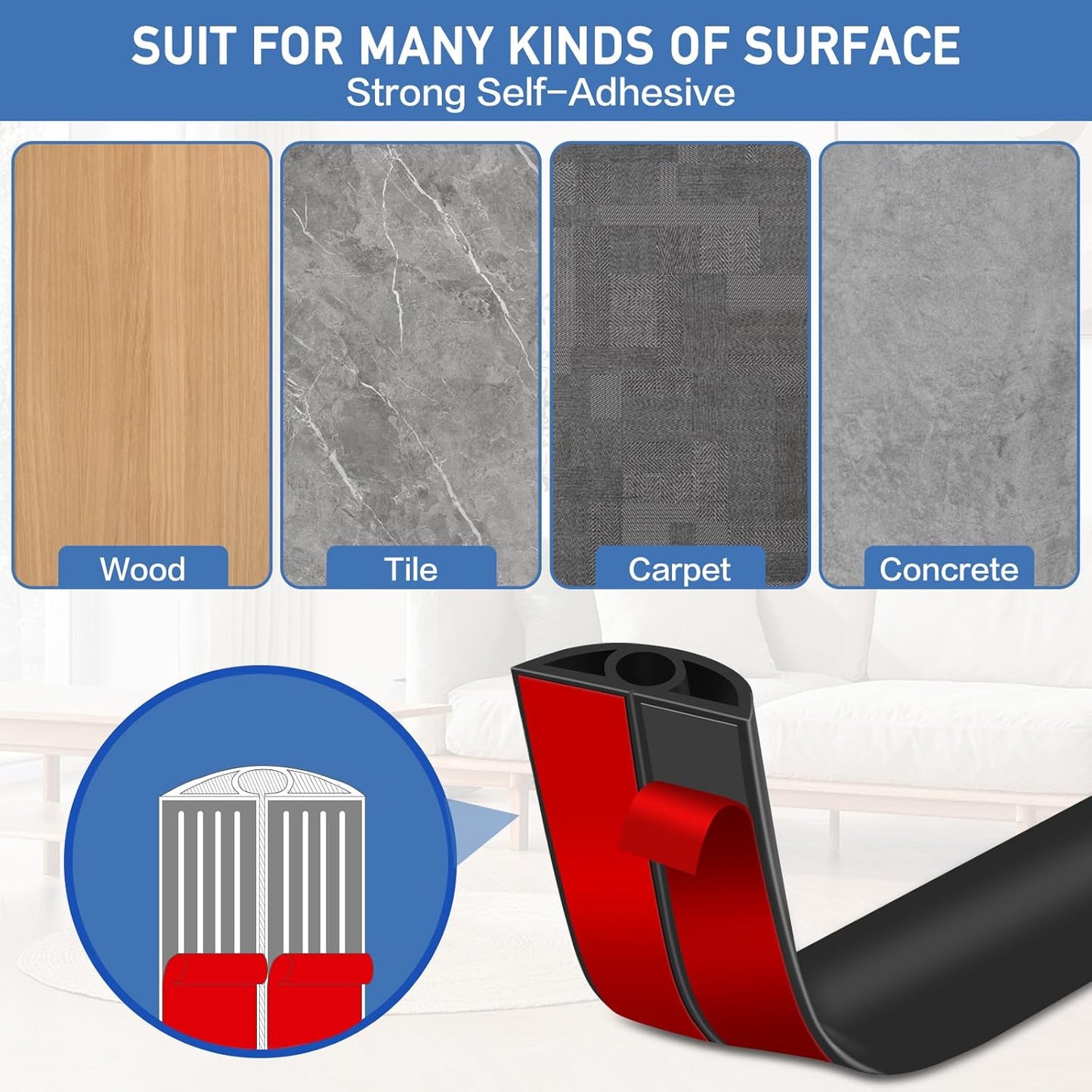 Floor Cord Cover Self Adhesive Cord Hider Floor Extension Cord Covers for Floor Power Cord Protector Cable Management Prevent Cable Trips Cable Cavity 0.32" W x 0.32" H (Black, 3.3Ft)