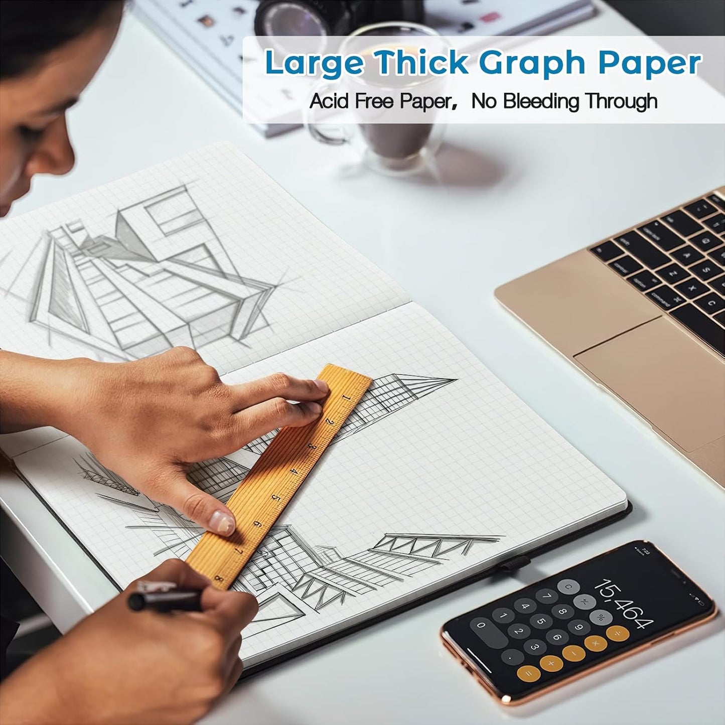 Graph Paper Notebook, Hardcover Notebook 8.5 x 11, Grid Notebook Journal for Women, Men, Large Leather Journals for Writing, Thick Paper, A4 Notebooks for Work, School Supplies, Engineering Navy